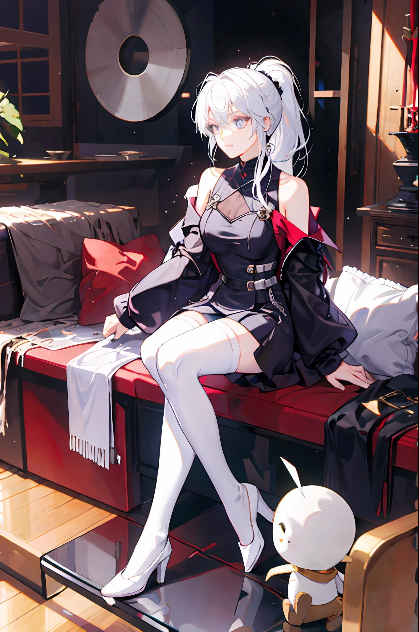 White stockings, full body JK white hair, ponytail, colored eyes, girly