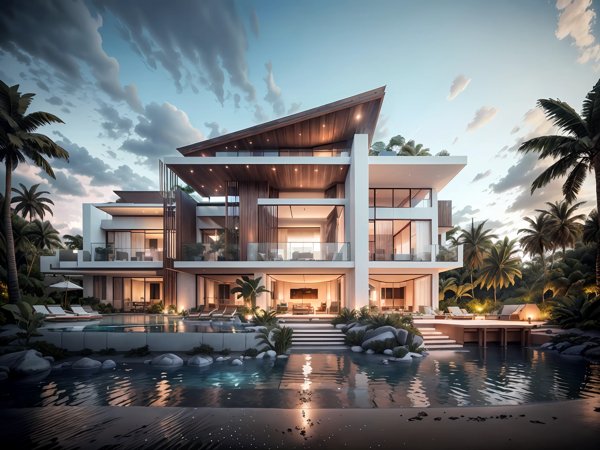 mordenhouse, beach front Caribbean luxury villa, glass house with a sloping roof, modern, dynamic (RAW photo, real, best quality, masterpiece:1.2), (hyper realistic, photo-realistic:1.2), high quality, (dark lighting:1.2), perfect lighting, archdaily