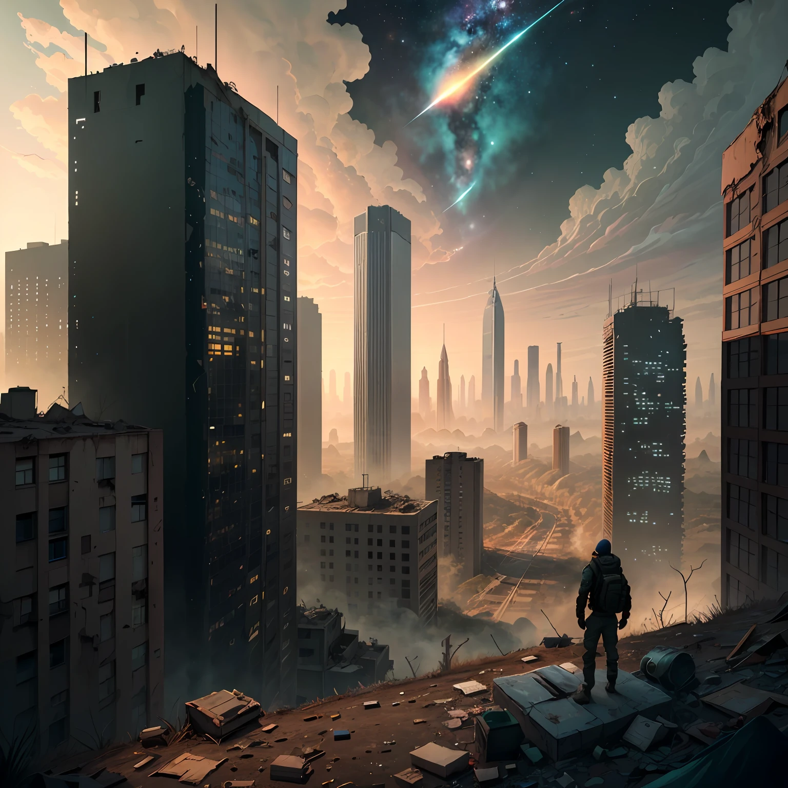 Abandoned big city,Overlooking,hazed out,An army,Dark style,Middle of the night,Meteorite fall