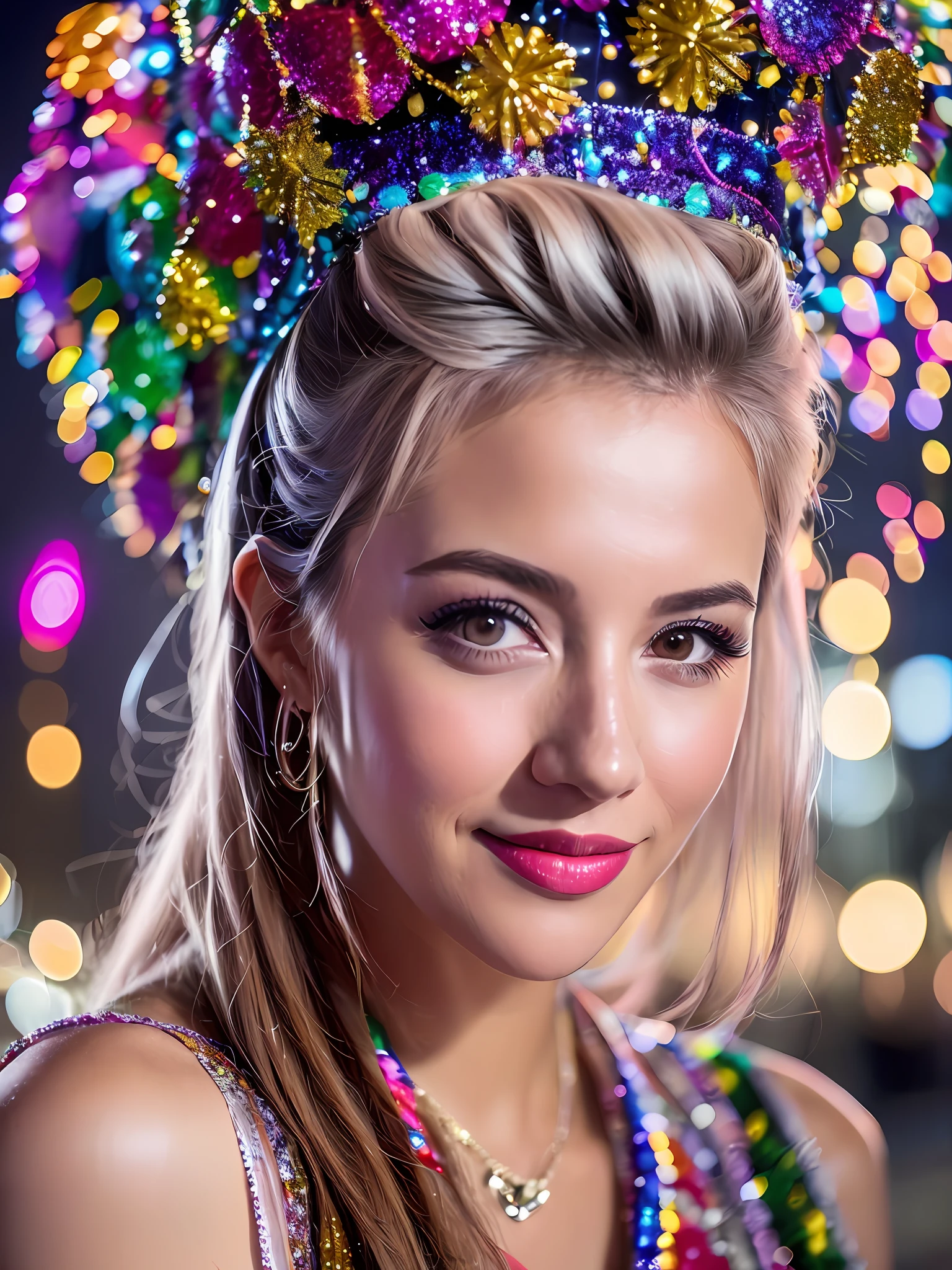 Foto de retrato de uma jovem europeia, (risos:0.7), posando, Looking at a camera, cabelo loiro com mexas rosa, cabelo solto na altura dos ombros, fundo de dia no carnaval, retroiluminado, (cinemactic:1.5), epic realistic, hiperdetalhado, detalhes insanos, detalhes intrincados, highlight lighting, volumetric soft light, bokeh, (dramatic light:1.2), (cores neutras:1.3), processo cruzado