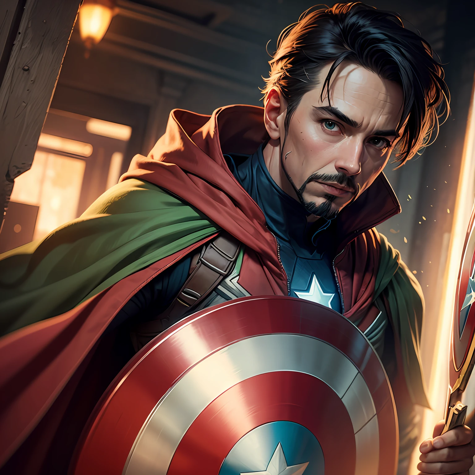Iron Man,Wear green clothes,Holding Captain America's shield in his hand,Behind him is the cloak of Doctor Strange --auto
