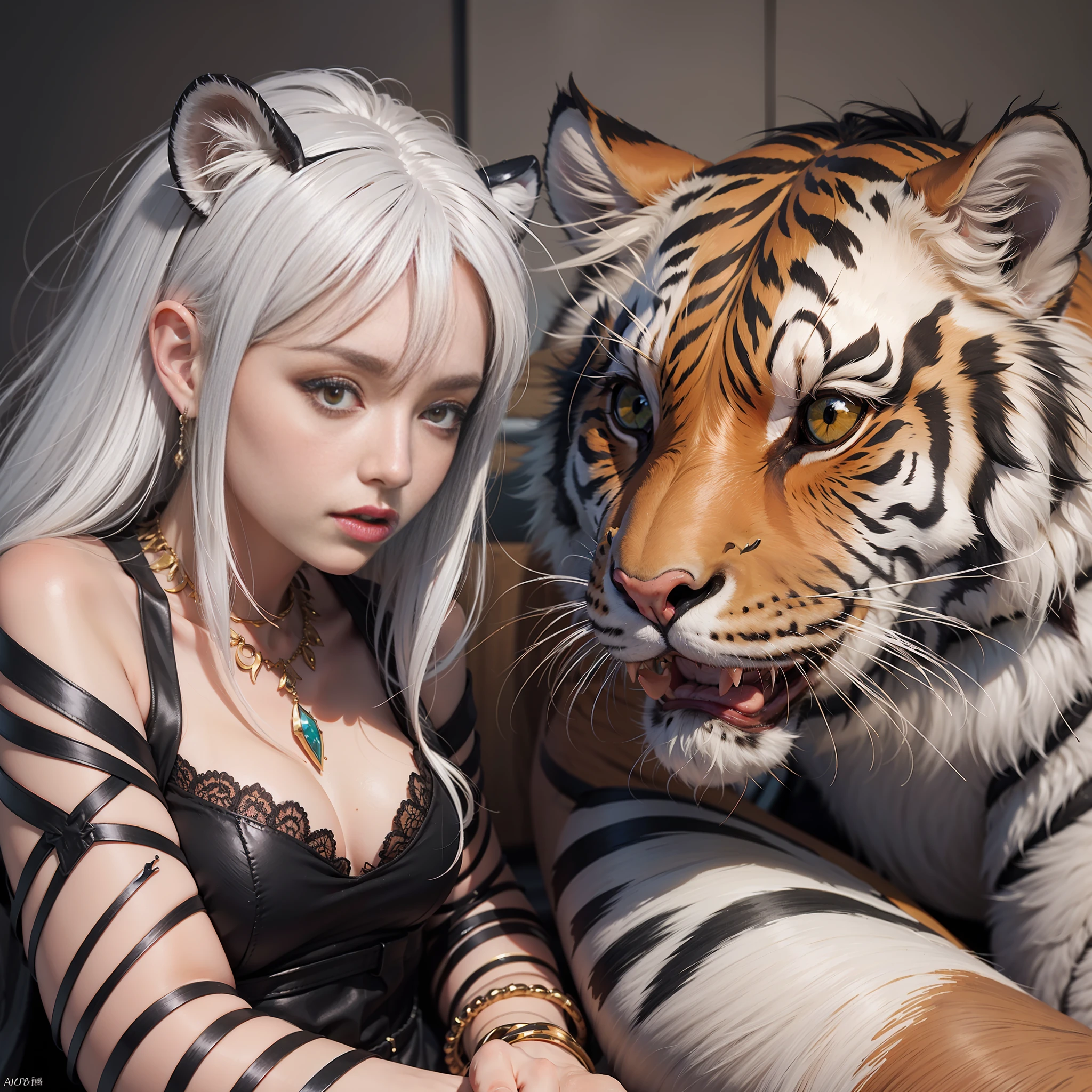 White hair, two long red horns, red eyes, tiger teeth are very long, very sultry, very seductive
