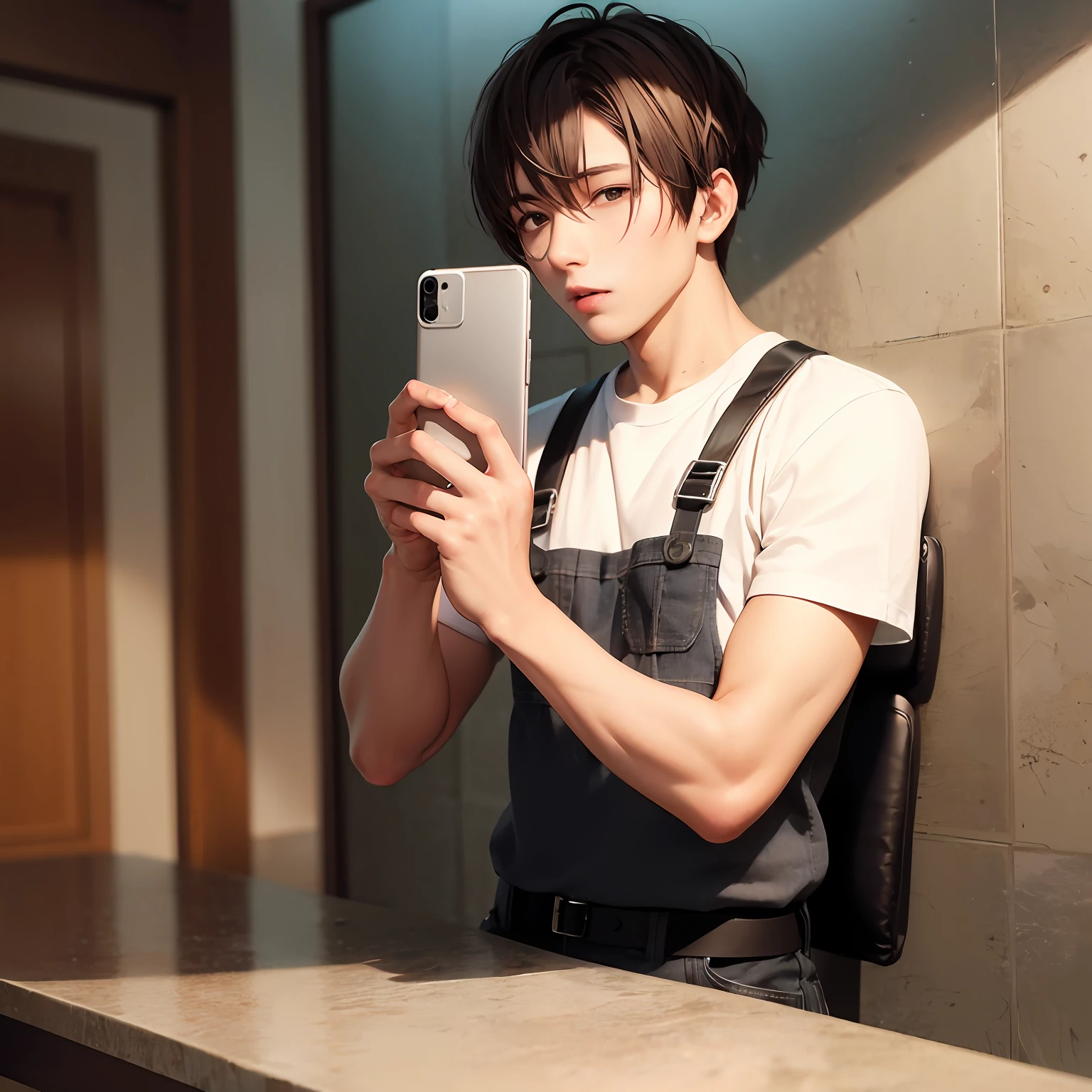 Male Two-thirds side face Full body Right hand holding mobile phone Surprised Upper body white short sleeves Lower body cargo pants Short hair Delicate Masterpiece Handsome --auto