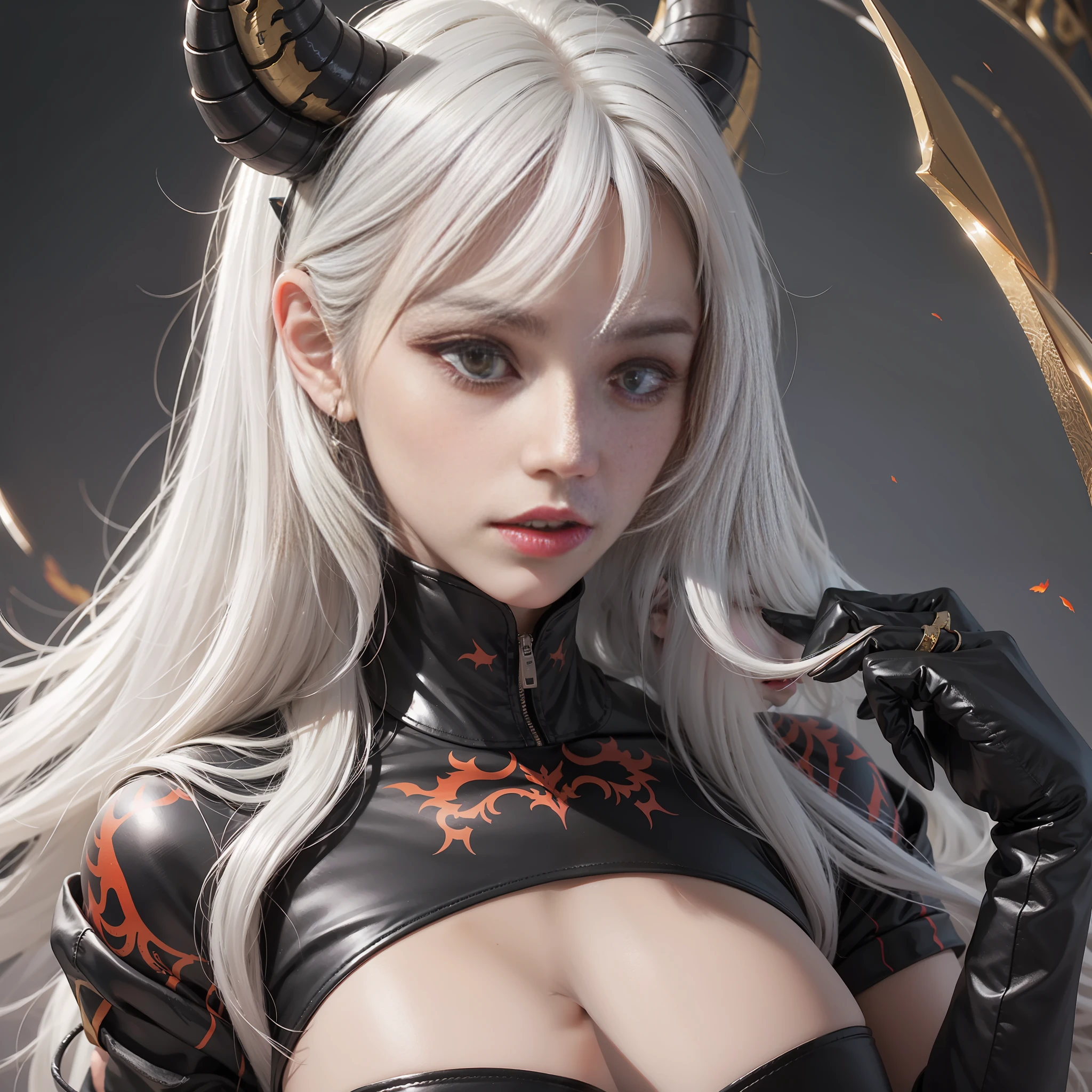 White hair, two long red horns, red eyes, tiger teeth are very long, very sultry, very seductive