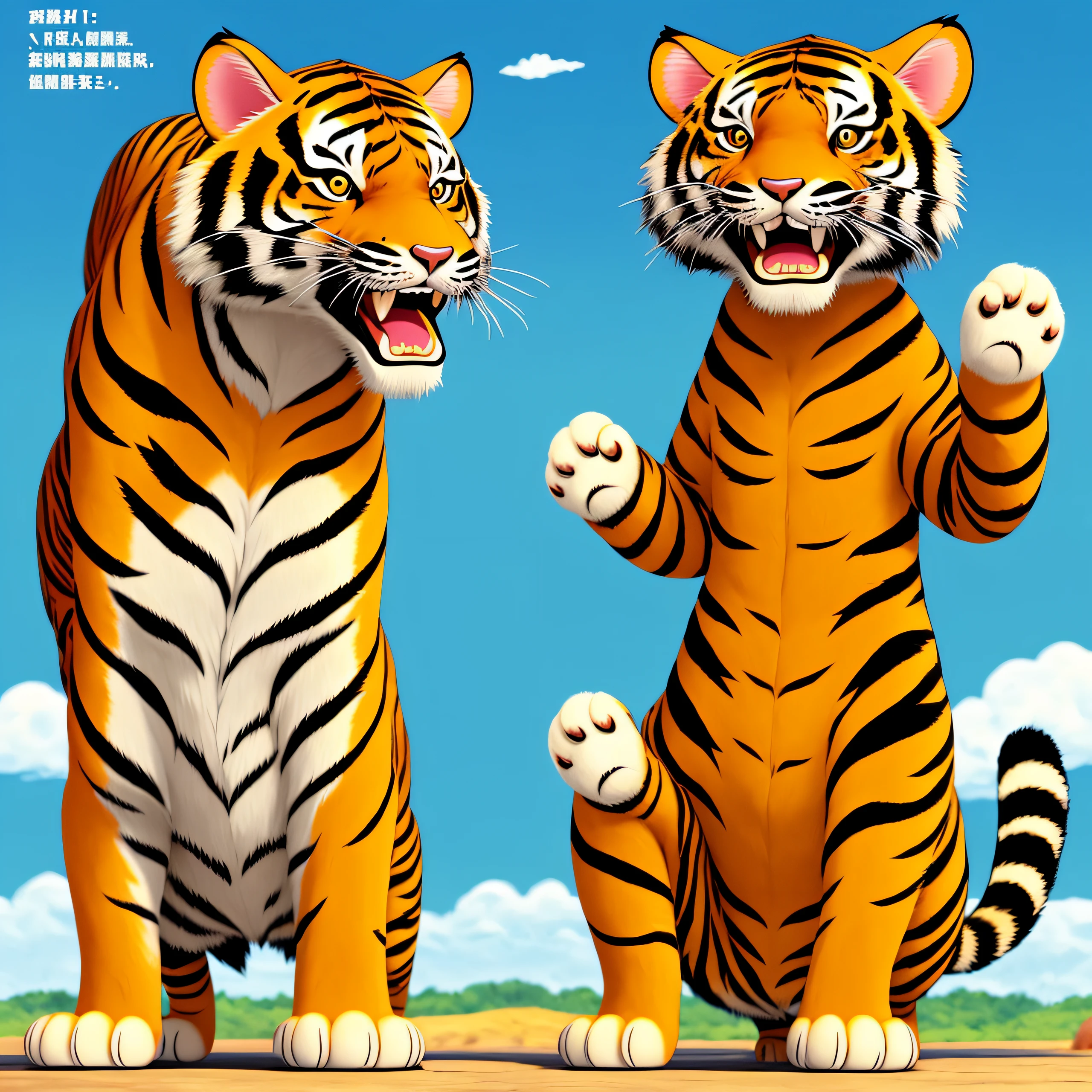 There was a cat that stood up with its paws raised, The tiger is smiling, Anthropomorphic tiger, kastuhiro otomo, ((Tiger)), author:tezuka osamu, author:Kana Uchizawa , chonker cat, tony the tiger, paul lung, garfield the cat, miyazaki's animated film, author:hiyao miyazaki