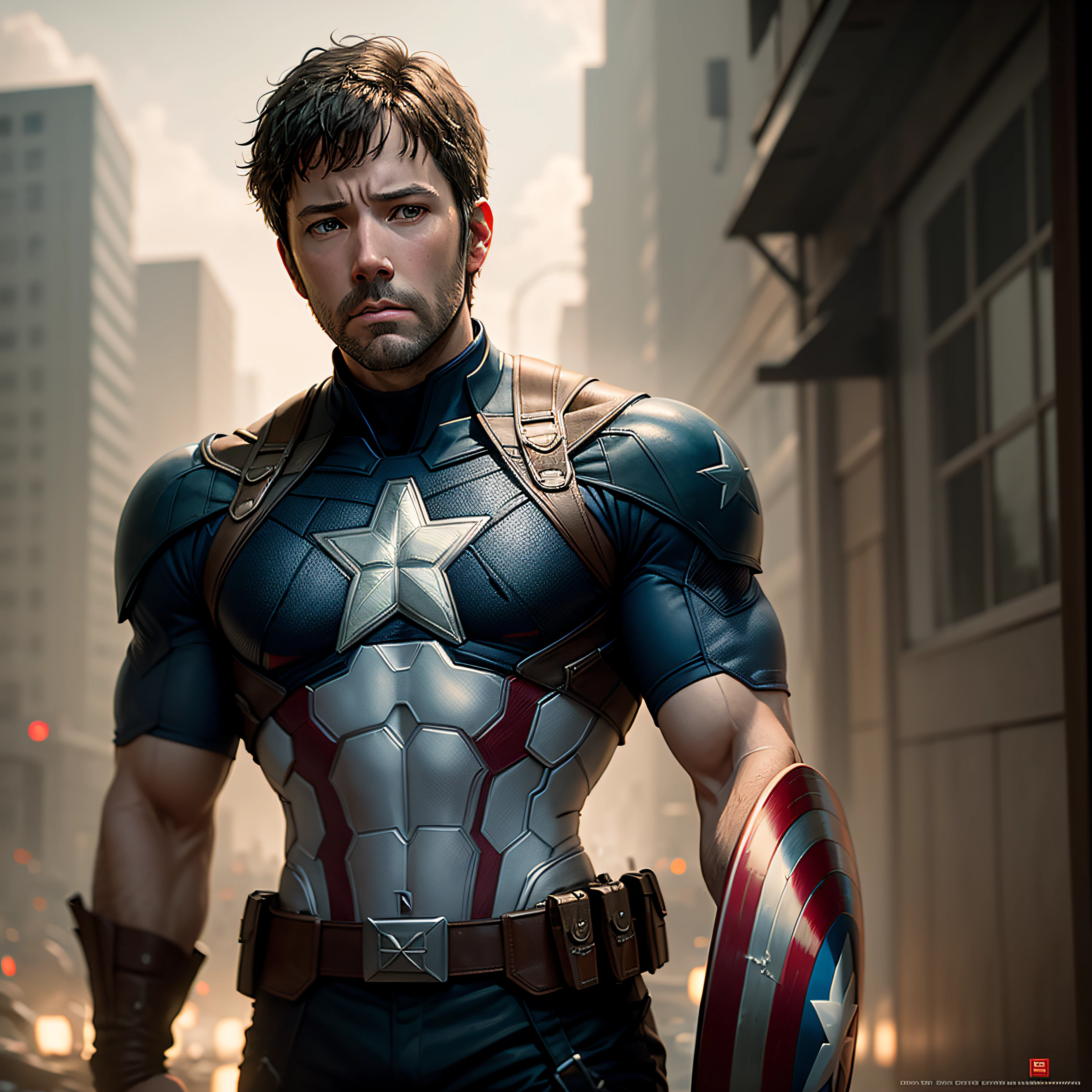 Person portrait of Ben Affleck as Captain America, in Blade Runner, professional photography, Cloudport, Huang-Guang-jian, --auto