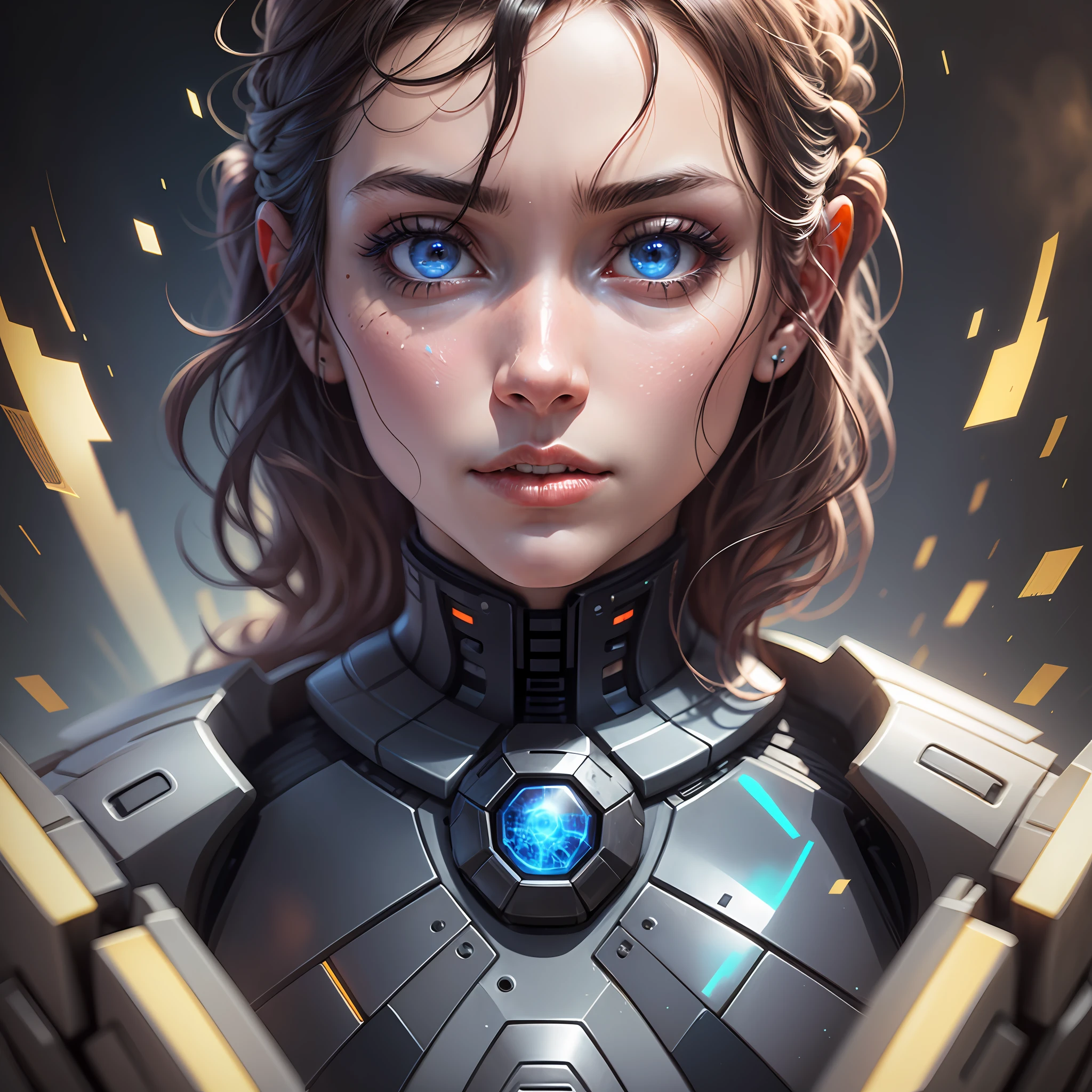 1 Woman Android Robotic Human Face Body Robor, Guerreira close up face, fundo hologramas luzes RGB, obra prima 8k