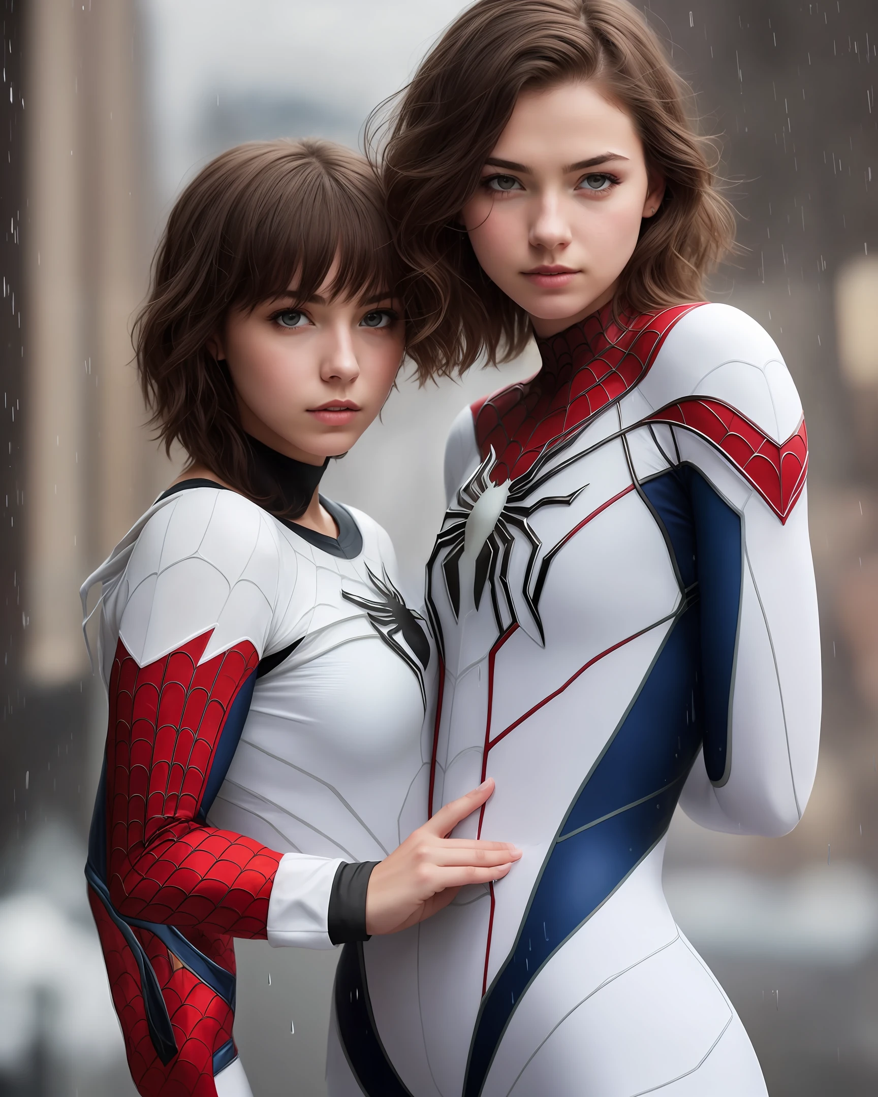 18 yo girl, white spider man suit, short blunt hair, blonde, beautiful face, rain, roof, masterpiece, intricate detail, perfect anatomy