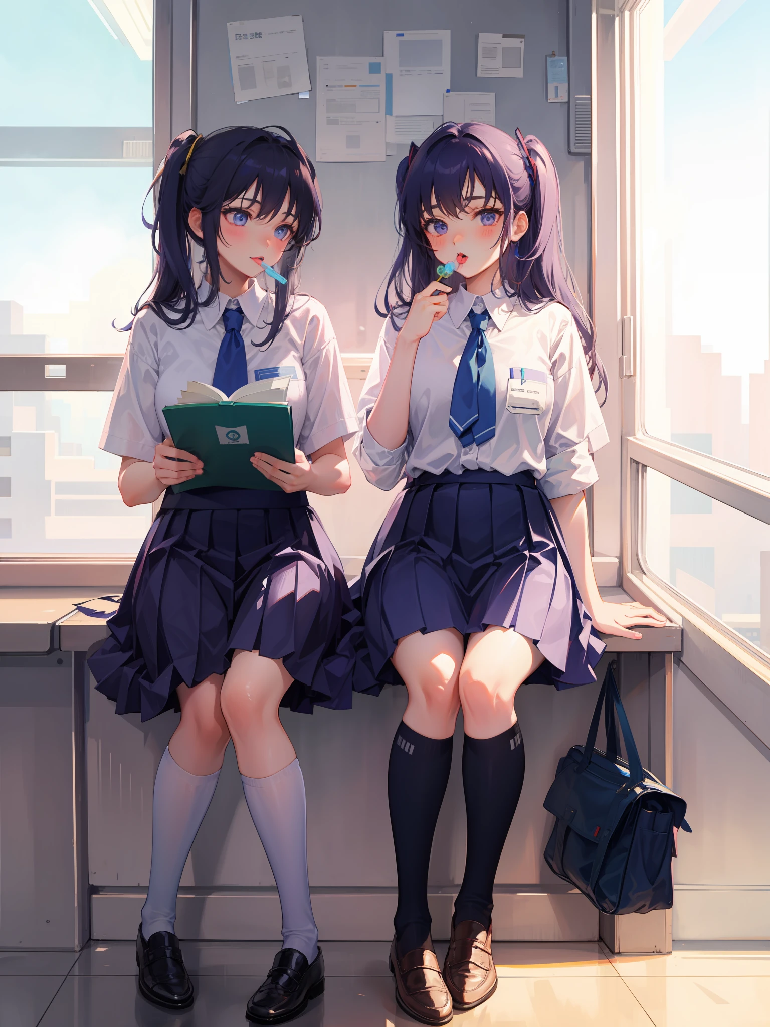 schoolgirls,Wearing a purple school uniform,The uniform reads Anning Middle School,Girls wearing white stockings,The feet were licked by the same man,The girl had a lollipop in her mouth,Sit inside the classroom。