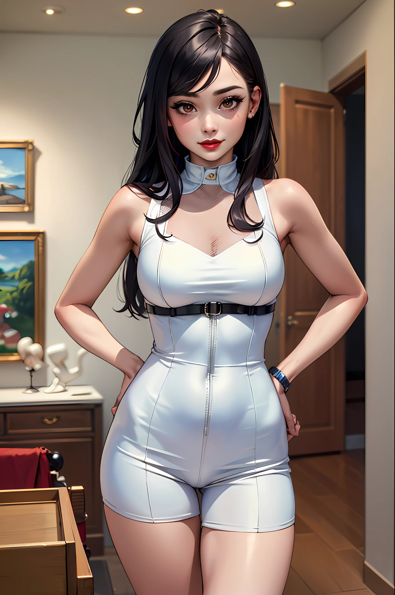 (masterpiece:1.4)、(top-quality:1.4)、
1girl in, Bewitching Grid Girl, length hair, looking at the viewers, 独奏 ,realisitic,(shinny skin),(masterpiece:1.4),(top-quality:1.4),red-lips
