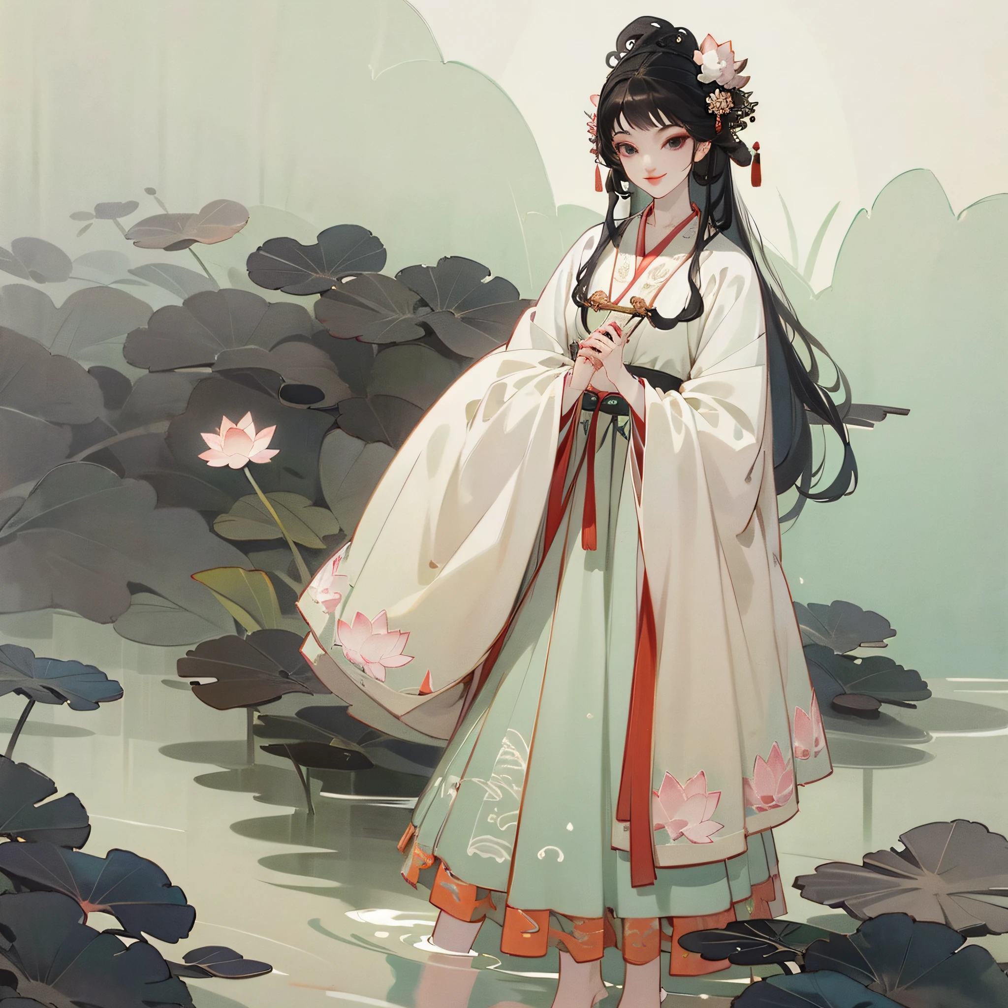 ((4k,masterpiece,best quality)), shuimobysim, traditional chinese ink painting, lotus, hanfu, maxiskit, dress conservatively 1girl, solo, long blue hair, smile, standing, feet in the water, barefoot, --auto