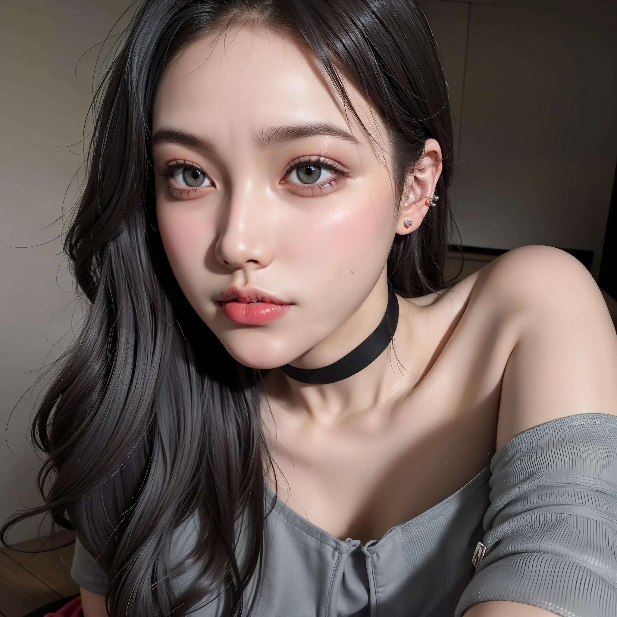 a RAW Photo of girl, (masterpiece:1.1), best quality, ultra high res, high detailed, (photorealistic:1.4), sharp, focus, face detail, (eyebrow piercing:1.1), detailed eyes, detailed face, 1girl, solo, white skin, brown eyes, pink lips, frown, off-shoulder white shirt, black tight skirt, black choker, (faded ash gray hair:1.2), (gigantic breasts:1.1), (sweaty:1.3), looking at viewer, modern, indoor background, close-up