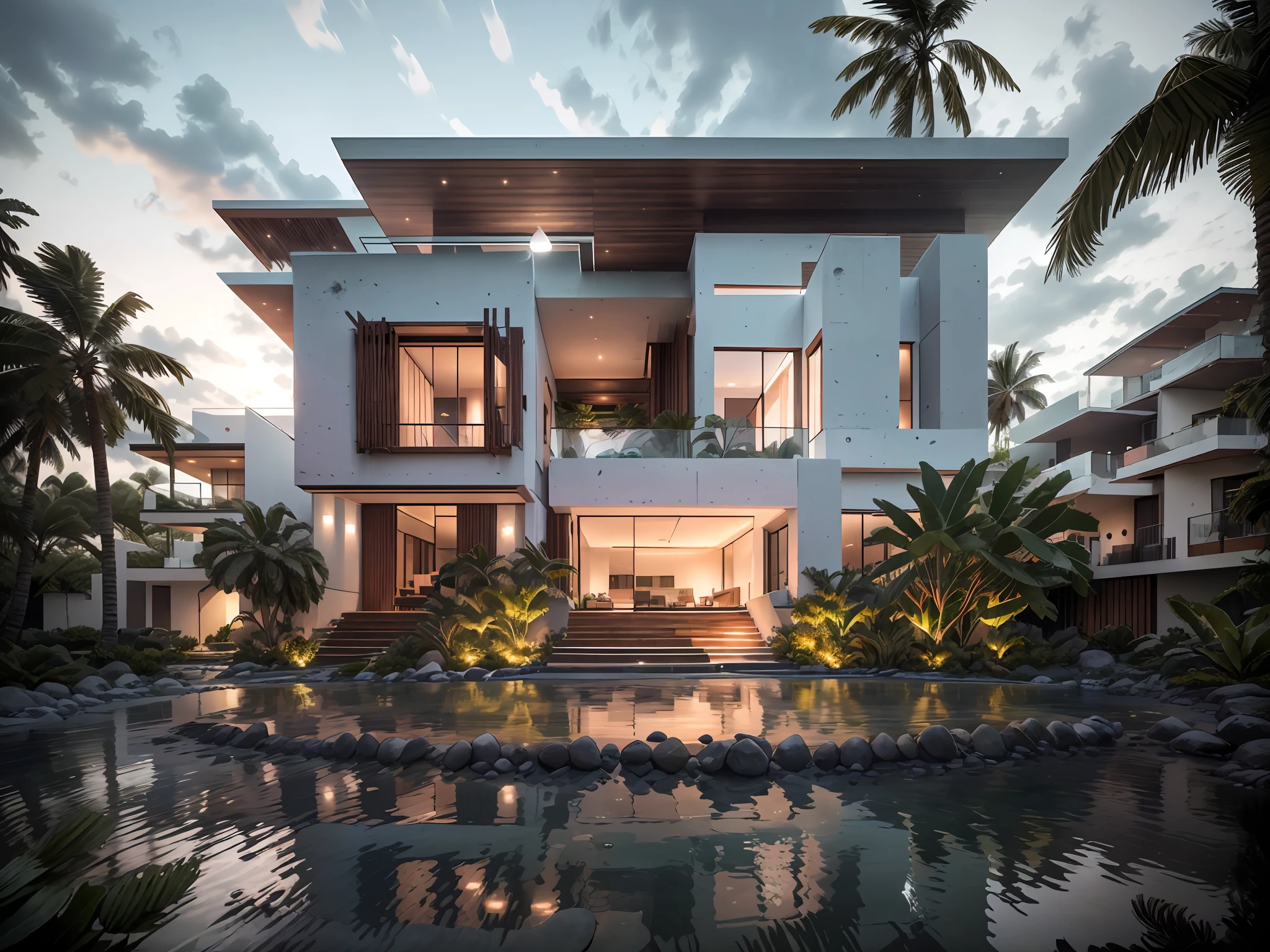 mordenhouse, beach front Caribbean luxury villa, glass house with a sloping roof, modern, dynamic (RAW photo, real, best quality, masterpiece:1.2), (hyper realistic, photo-realistic:1.2), high quality, (dark lighting:1.2), perfect lighting, archdaily