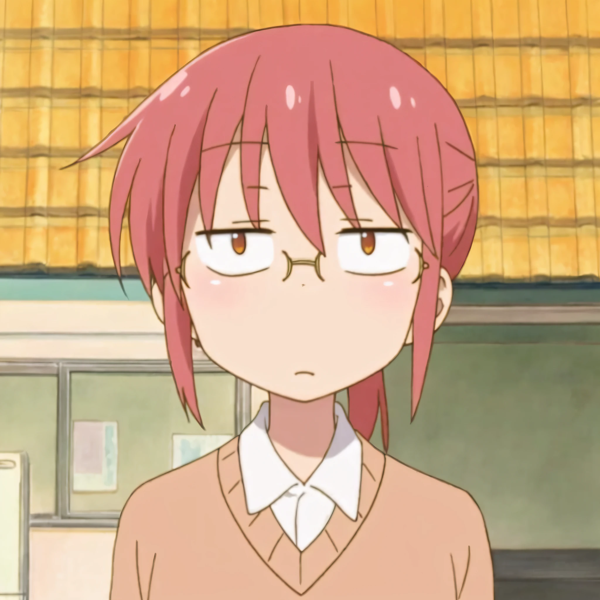 Anime girl staring at something with pink hair and glasses, close up iwakura lain, yuruyuri, nichijou, iwakura lain, kinmoza!, ( ( ( yoshinari yoh ) ) ), close up of iwakura lain, slightly happy facial expression, megumu okada, tsukasa dokite, anime girl named lucy