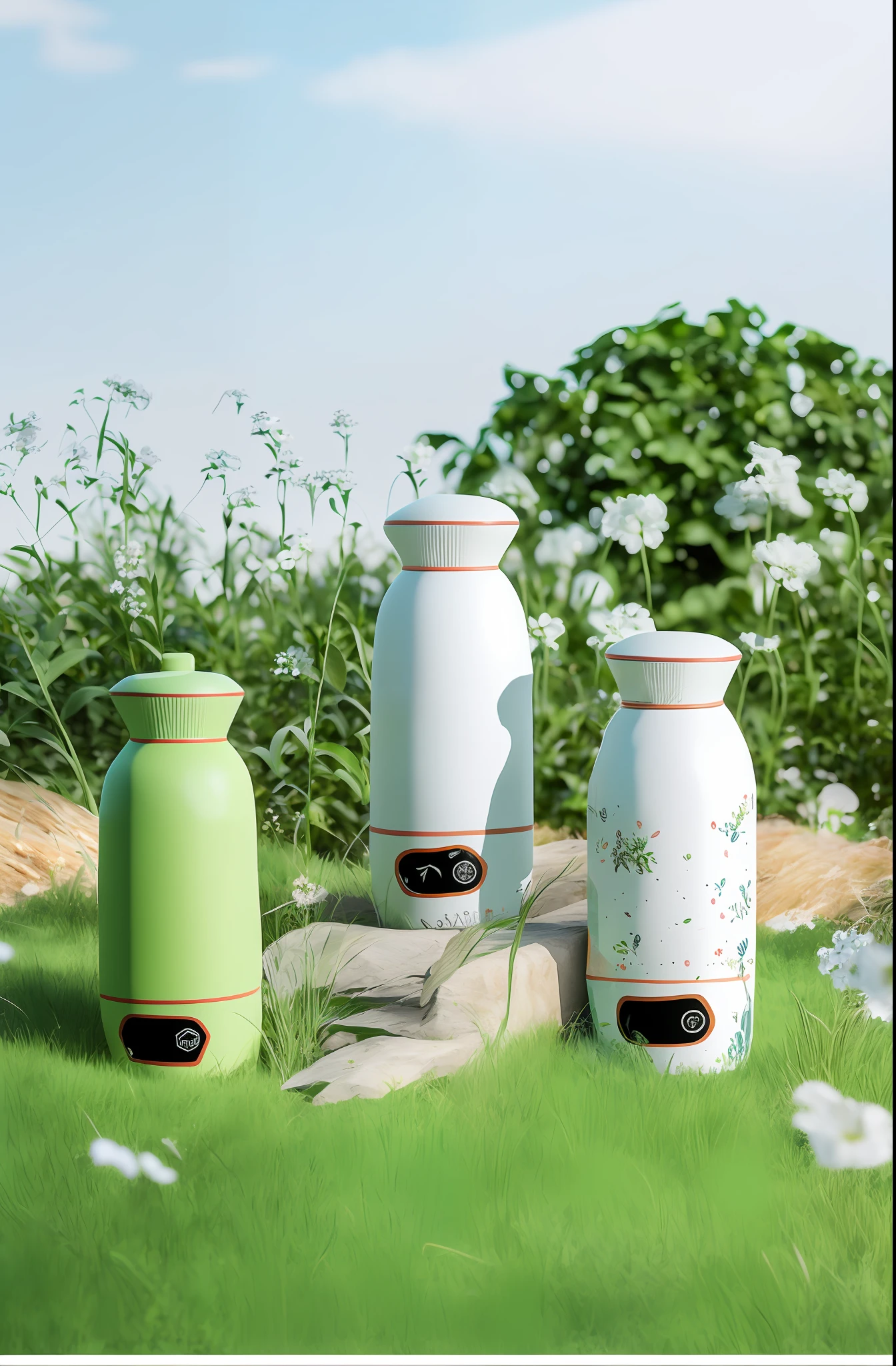 On a wooden table on the grass lay three vases, designed in blender, milk, product design render, 3 d product render, Colorful bottles and plants, highly detailed scenario, highly detailed composition, realistic scene, semi - realistic render, Various colors, highly detailed render, hillside, Outdoors, a digital rendering, Bottle, Product photo, highly detailed 3d render