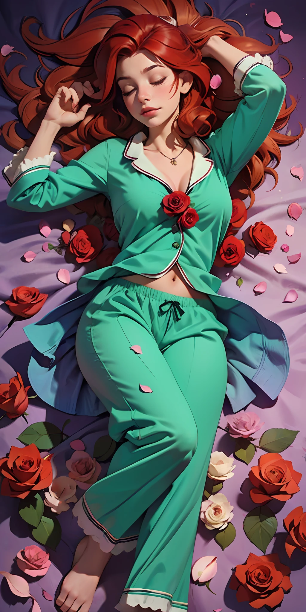The Sleeping Woman, Realistic, She is dressed in pajamas, red hair color, parallax, Ultra Hyper Mega Contrast, sleeps on rose petals, The masterpiece that won the photo contest