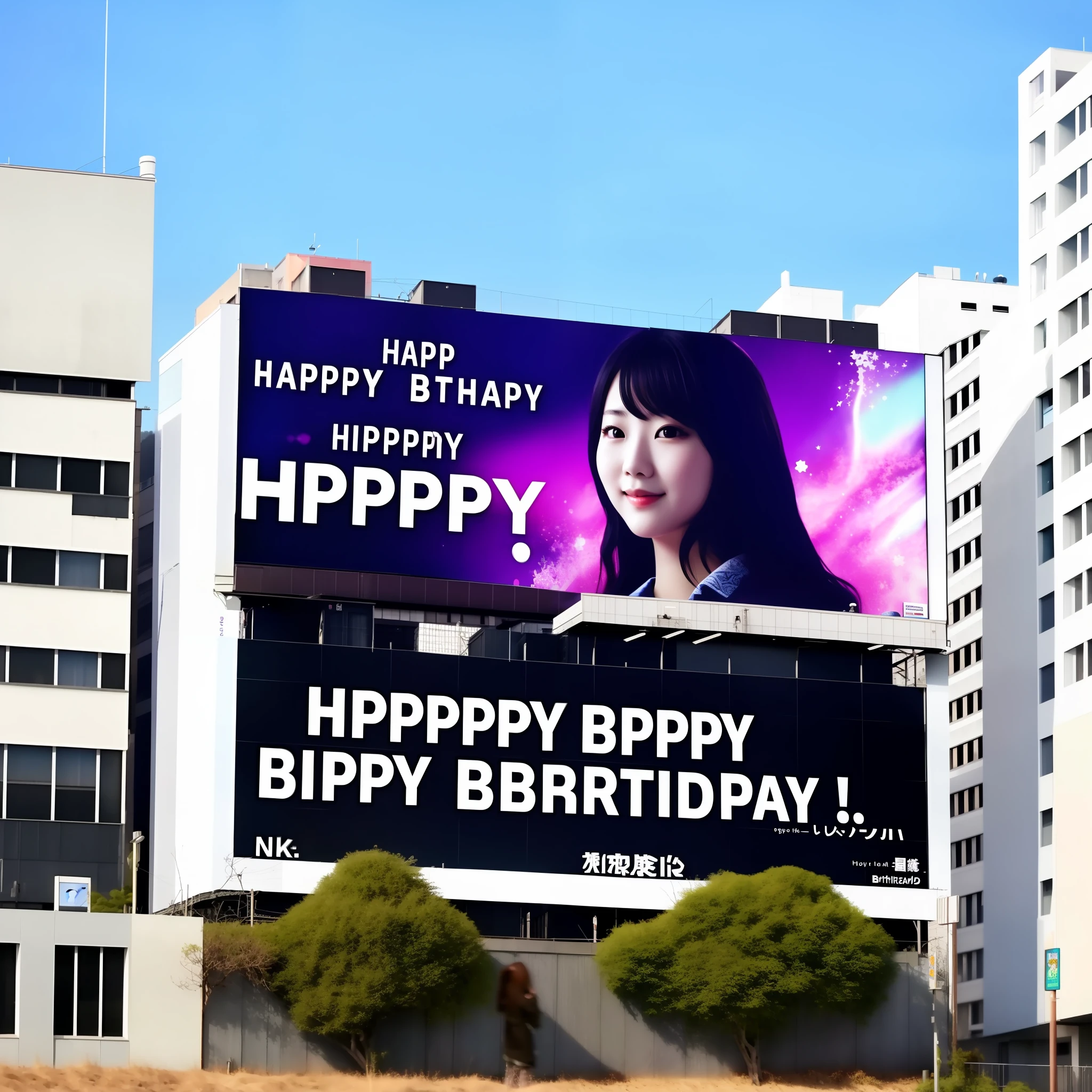 A beautiful Japanese girl，That billboard，The billboard reads "Nikita,Happy Birthday"