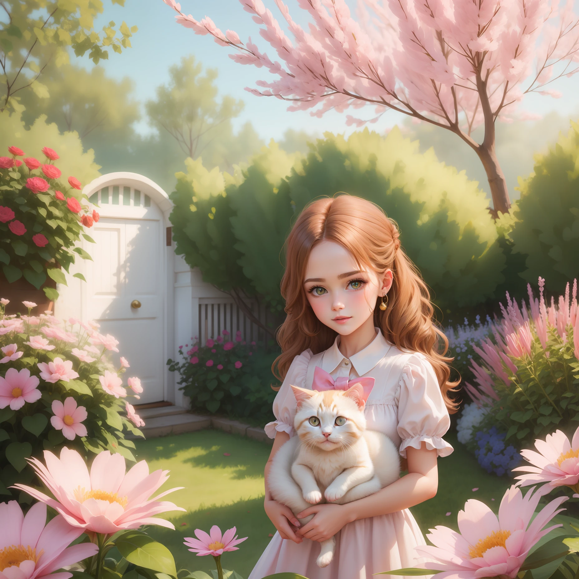 Long hair female white dress holding kitten pink background cute