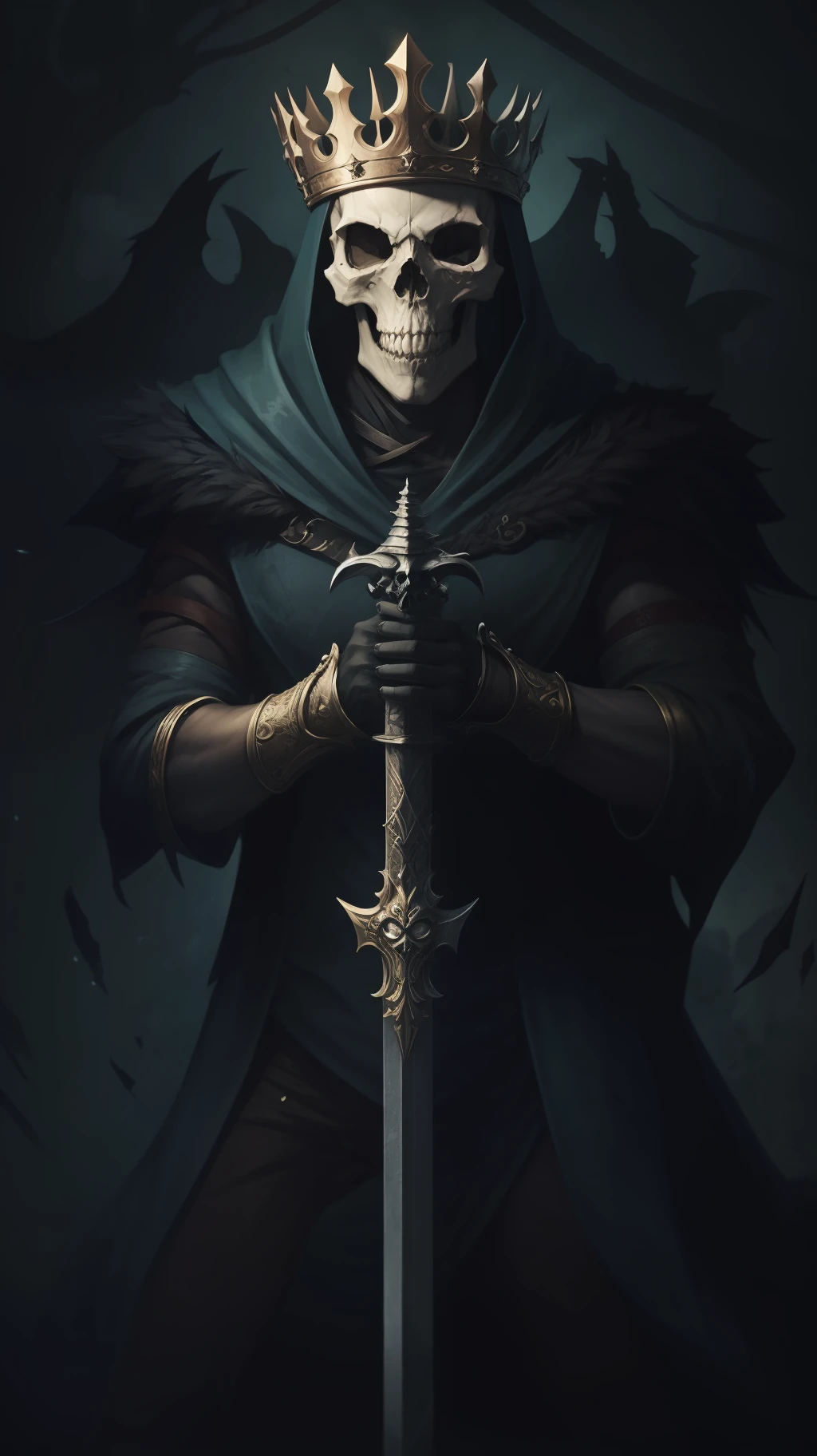 skull、wang、crowns、Skull King、Holding a big sword、Dark Forces、Covered in skull、dark ambiance、Darkness is in the air、