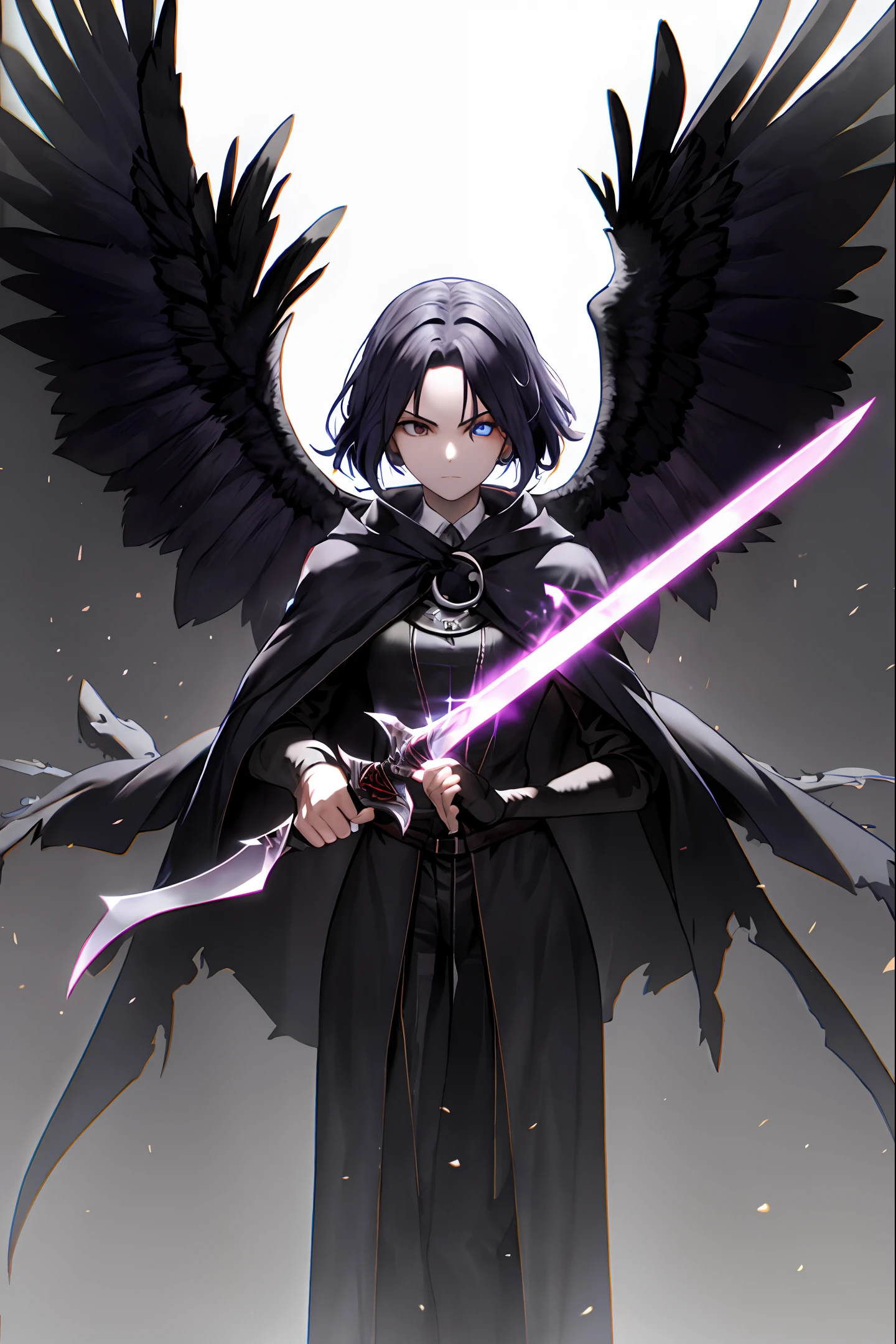 Raven，Holding a broken sword，preparing to fight