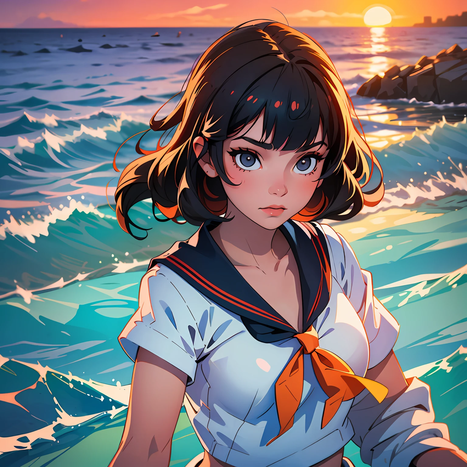 short detailed hair，being thin，adolable，schoolgirls，looking to the camera，Have by the sea --auto