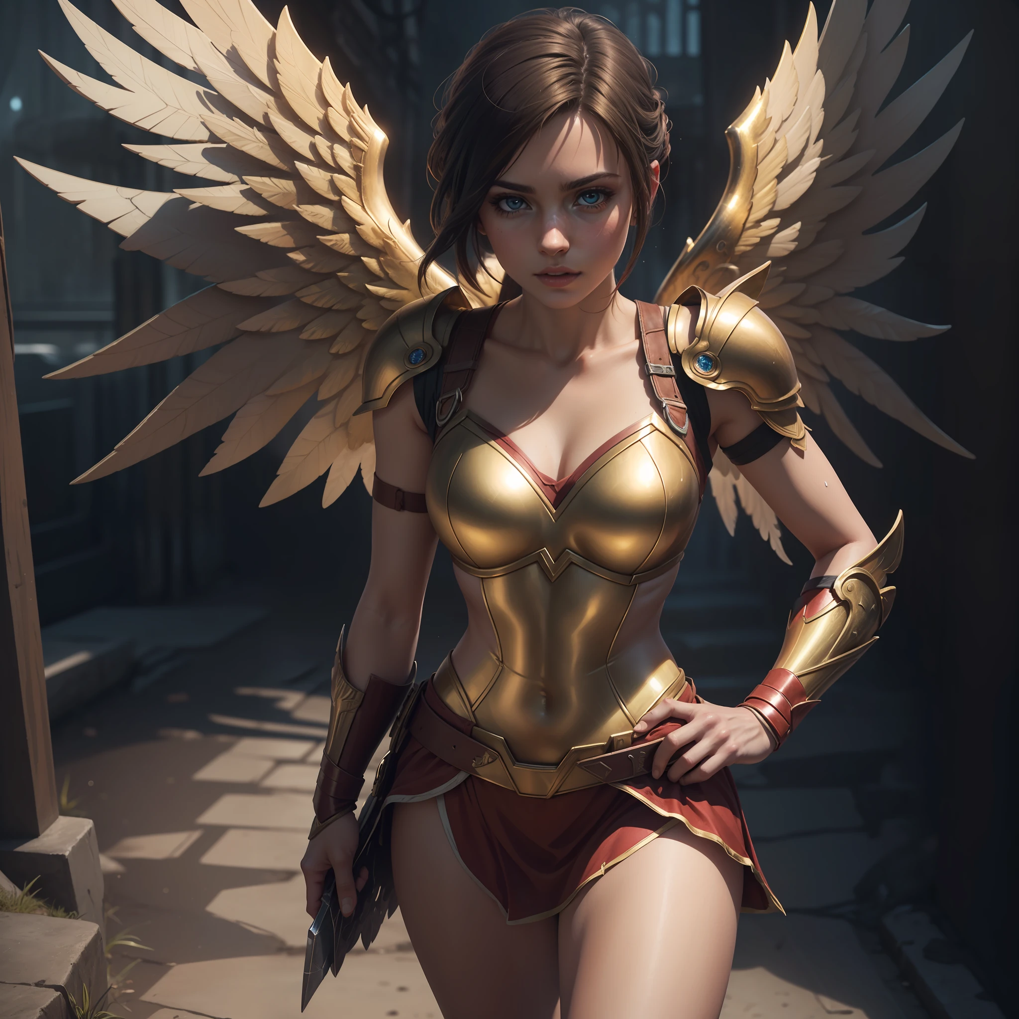 fotorrealista,Realistic illustration in Manga style,((Obra maestra)),((La mejor calidad)),((Ultra detallado)),((1girl)),((solamente)),((waifu:1.5)),Perfect ???????,Lindo_cara,Exceptionally Beauty waifu Ana de armas como Tifa Lockhart Final Fantasy 7 remake,en cosplay de Wonderwoman y ironman Mark-85,((Golden angel armor with crystal wings)),ropa mojada,minifalda,Calcetines negros,rojo-claro_ojos,cabello ondulado,delineador,Maquillaje lindo,((Ojos detallados perfectos)),Ciudad Cyberpunk,lluvia afuera,noche,((Extremadamente CG Unidad 8K Fondo de pantalla)),Detalles intrincados,Extremely beautiful and aesthetic,Renderizado de octanaje,Retrato de cuerpo entero,damp skin,((Cuerpo detallado perfecto)),