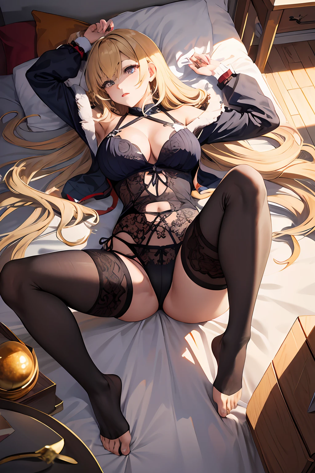 a masterpiece of，4K，hyper-detailing：1.2），（animel：1.2），illstration，（photorealestic：1），（realisticlying：1），
Disheveled clothes，The Queen，binding，succumb，MuCoi，Attach a bandage to the nipple，and wear no underwear，Open your legs，White-skinned，magie，Cock your ass，temptress，length hair，The clothing is translucent，Positive light，Reveals black lace panties，blackstockings，Clothes are torn，skin fair，Global light，diffuse reflection，Extremely delicate face，gracefully, lie,（fullllbody：1.2），fullllbody，Look up，micro saia，Exposing the abdomen，exposing thighs，Raised Legs，Stick out your feet，Sexy cleavage,A big-breasted,Revelation, ‎Classroom,, With long blonde hair, Long hair hanging to the ground,Call the bed，courtship，haughty，Slightly drunk,uhdr, 巨作, Anatomically correct, super detailing, High details, High quality, A high resolution