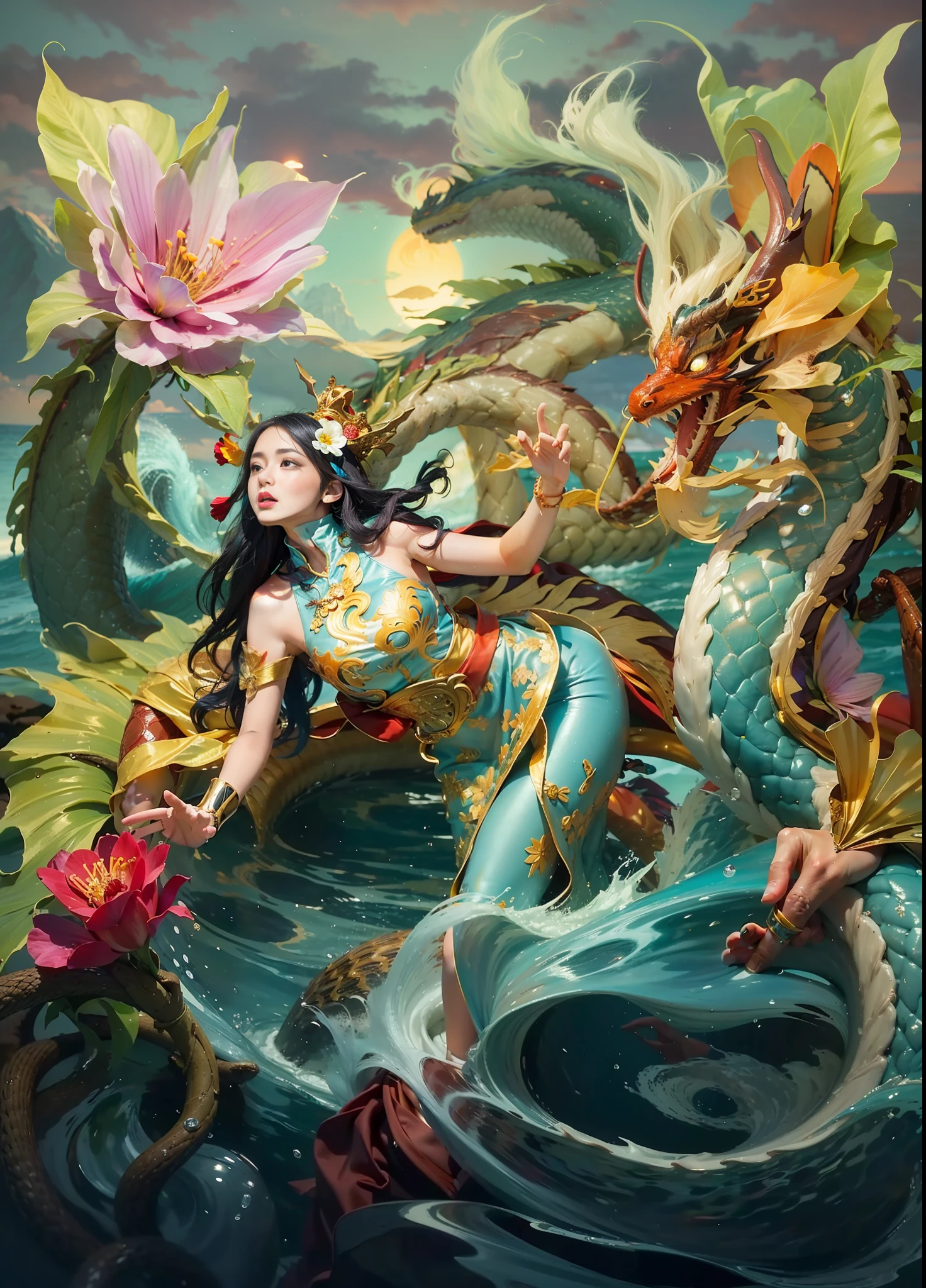 (Masterpiece, Top Quality, Best Quality, 1 Girl, Long Hair, (Glow: 1.15), (Team: 1.1), (Flowers: 1.15), (Monarch: 1.05), Long Coat, Surrounded by Giant Chinese Dragon, light_blue_hair, Liquid Hair, Long Hair, Floating Hair, Standing, Sun Dress, Liquid Clothes, Water, Waves, Tsunami, Tides, Sea, Water Dress, Fantasy, High Contrast, Explosion, Overexposure, Purple and Red Tone Impression, Negative Space,