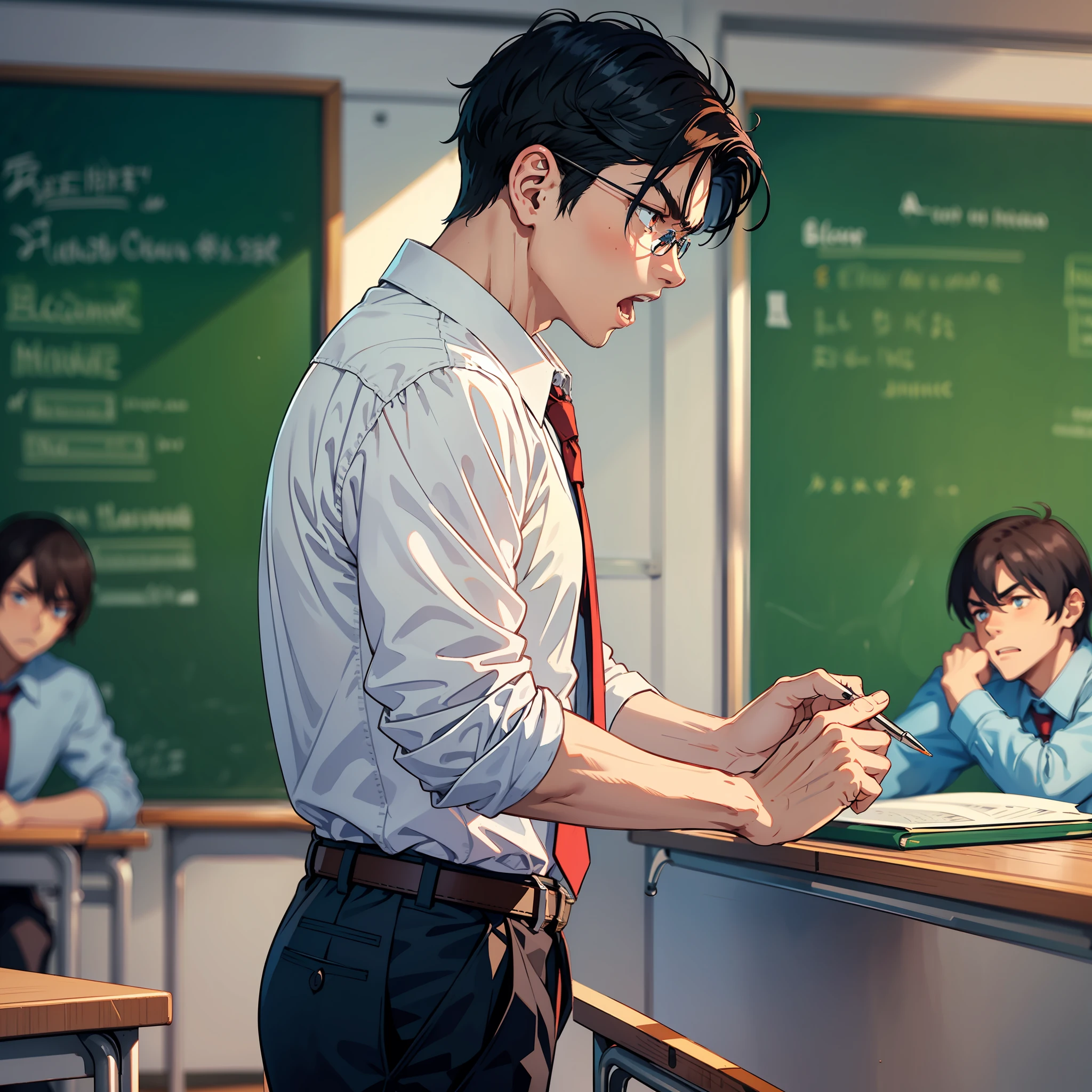 In class,A male teacher stands in front of the blackboard,Angry expression,rage,To a male college student,inside a classroom,