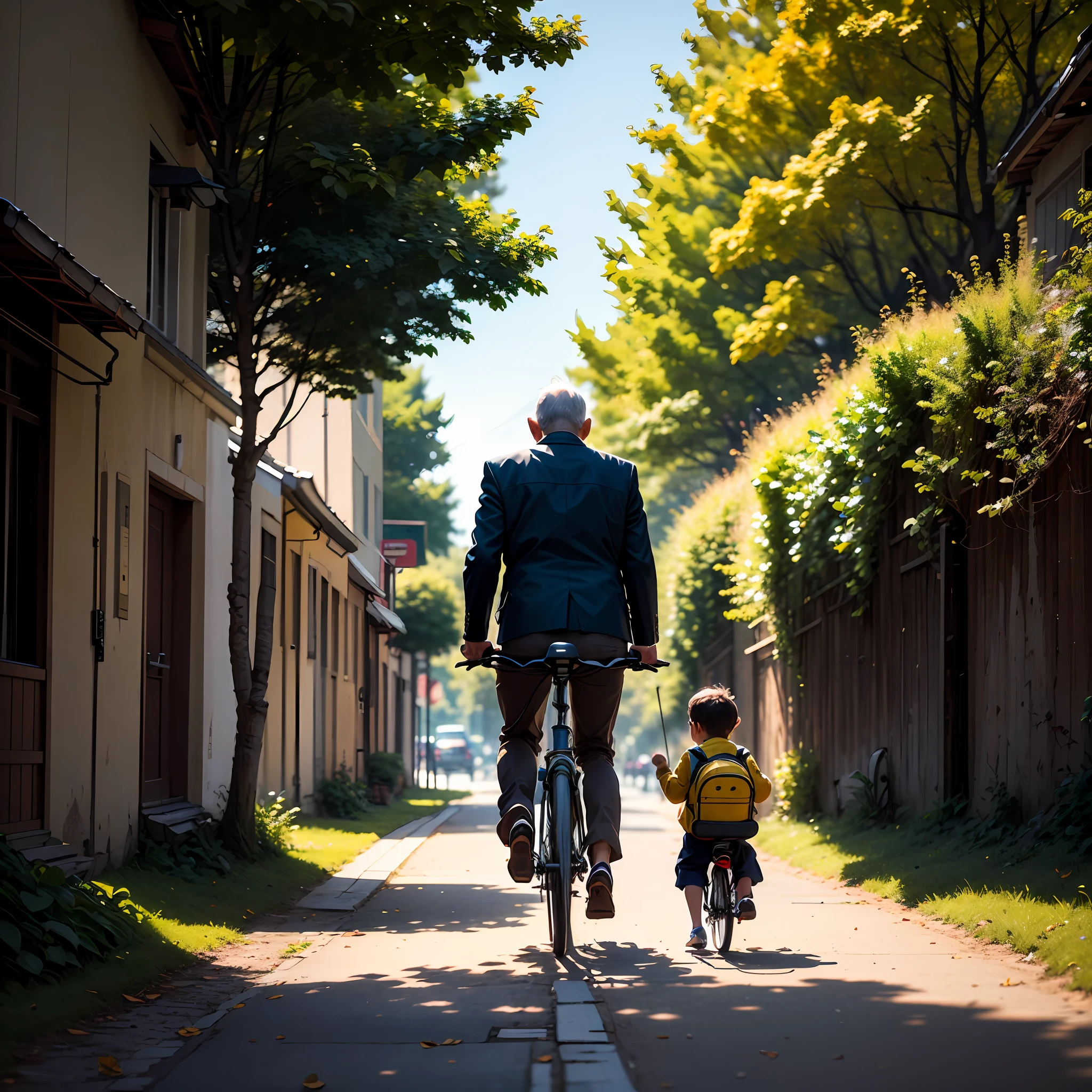 paths，Golden yellow ginkgo tree，The ground is full of ginkgo biloba，An old grandfather rides a bicycle with his grandson，The grandson carries a school bag，Back shadow --auto