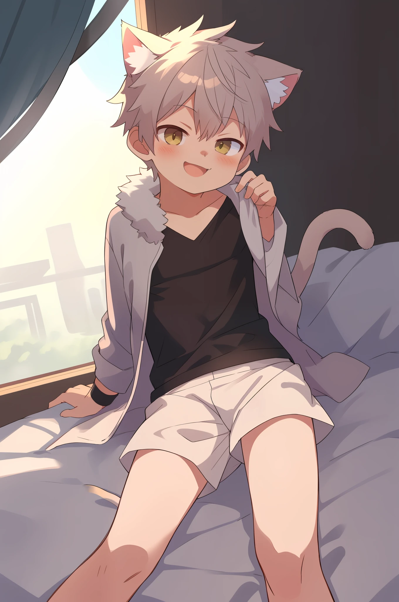 (Extremely cute anime Shota, Libido boy, cat ear,Cat tail white fur), Lie down in bed，Clothes open,Wink and smile,Camera details show skin and clothing details,Detailed description,Evening home interior,Dusk soft light effect，Open the legs