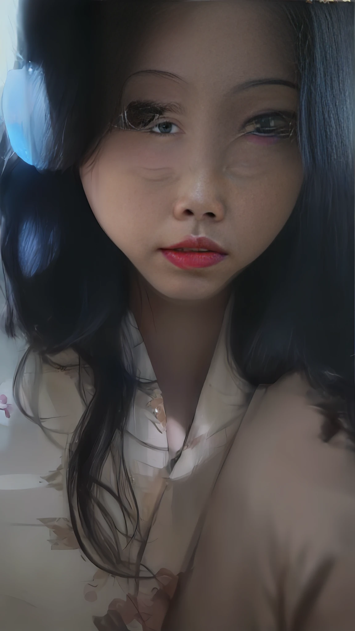 Close-up of a young woman with long black hair, Ruan cute vtuber, low quality photo, ulzzangs, obscured face, young cute wan asian face, Young and cute face, She has a cute face, pale round face, with cute - fine - face, girl cute-fine face, Cute pout, 1 8 I, soft round face