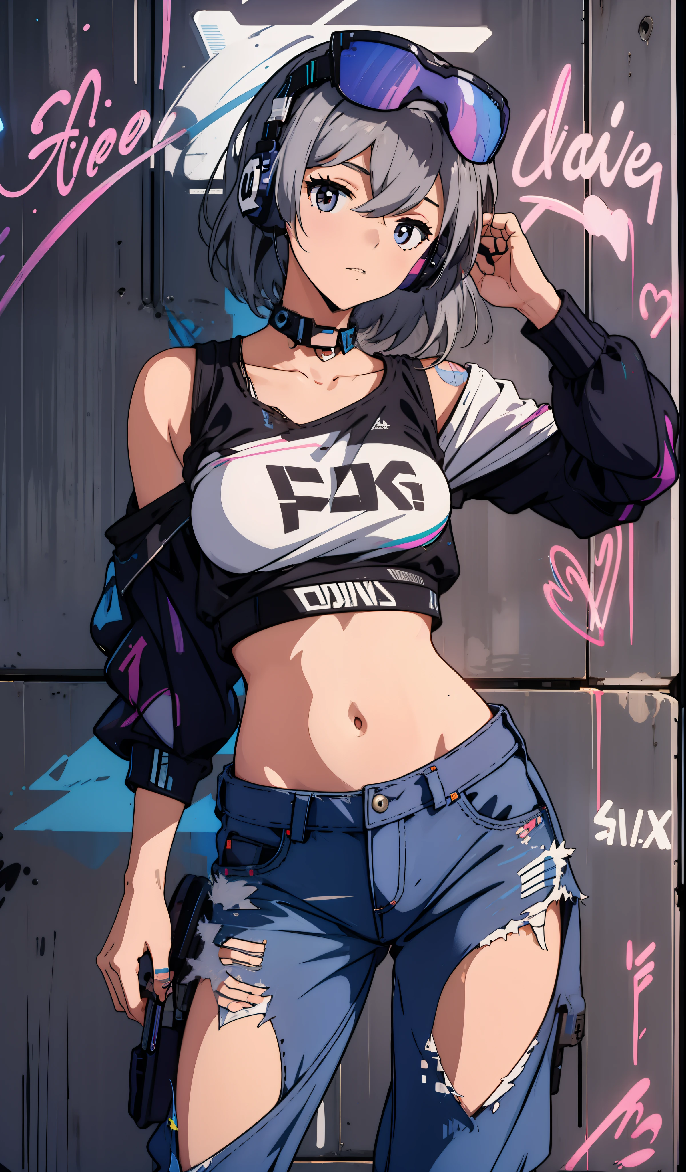 1girl , medium hair, graffity, neon, wall graffity, ripped long pants, croptop, headphone