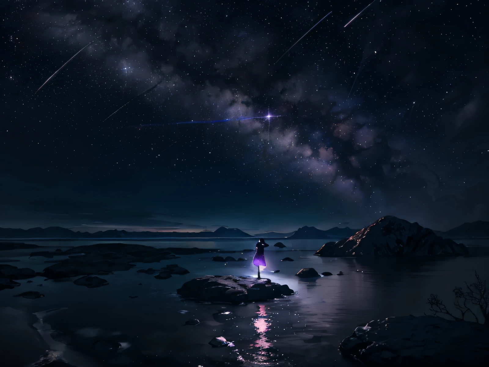 Expansive landscape photograph,(look from down,Above is the sky,Below is the open water),A girl standing on the water looking up,(moon full:1.2),(meteors:0.9),(Starcloud:1.3),Far Mountain, Tree BREAK making art,(Warm light source:1.2),(glowworm:1.2),lamp lights,Lots of purple and orange,Complicated details,Volumetriclighting,Realism BREAK(tmasterpiece:1.2),(best qualtiy),4k,Ultra-detailed,(dynamic compositions:1.4),The is very detailed,Colorful details,(Irridescent color:1.2),(luminouslighting,Atmospheric lighting),dream magical,magical,(独奏:1.2)