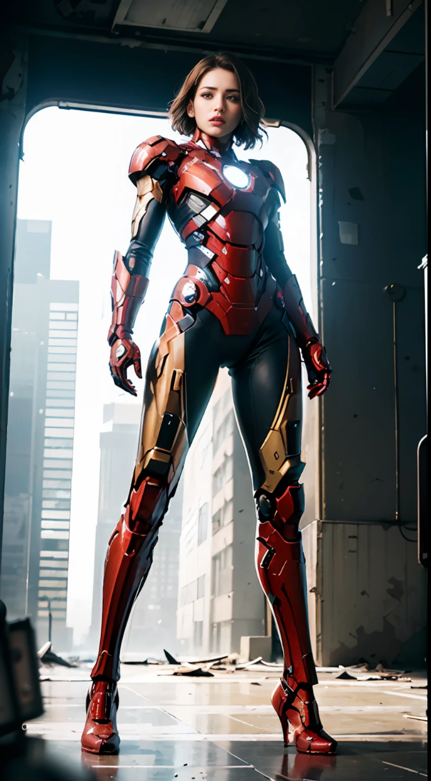 RAW, Masterpiece, Ultra Fine Photo,, Best Quality, Ultra High Resolution, Photorealistic, Sunlight, Full Body Portrait, Stunningly Beautiful,, Dynamic Poses, Delicate Face, Vibrant Eyes, (Side View) , she is wearing a futuristic Iron Man mech, red and gold color scheme, highly detailed abandoned warehouse background, detailed face, detailed and complex busy background, messy, gorgeous, milky white, high detailed skin, realistic skin details, visible pores , sharp focus, volumetric fog, 8k uhd, dslr camera, high quality, film grain, fair skin, photorealism, lomography, sprawling metropolis in futuristic dystopia, view from below, translucent
