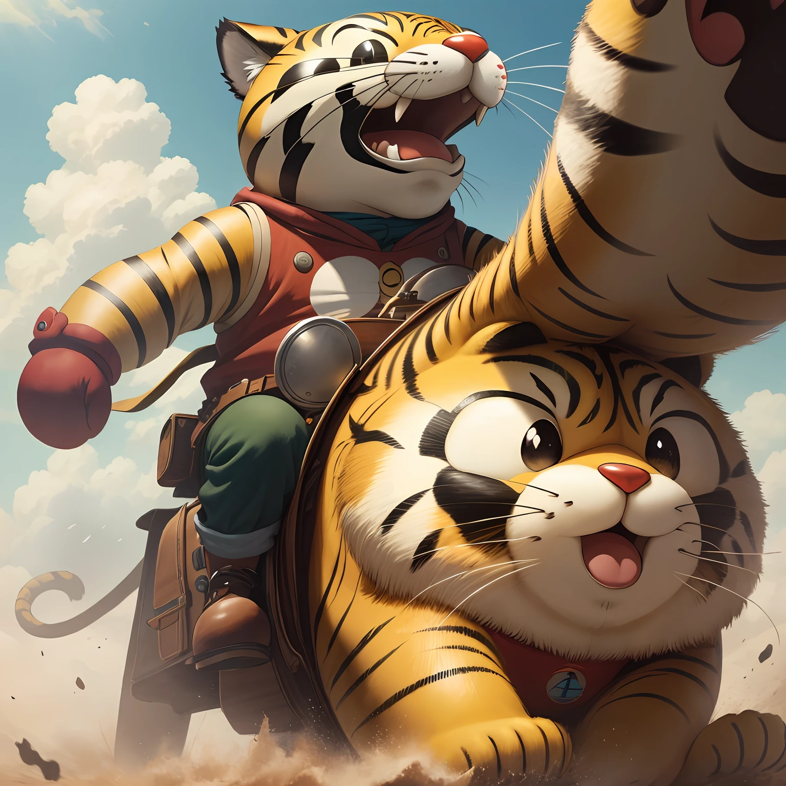 Fat Tiger rides Doraemon on the battlefield