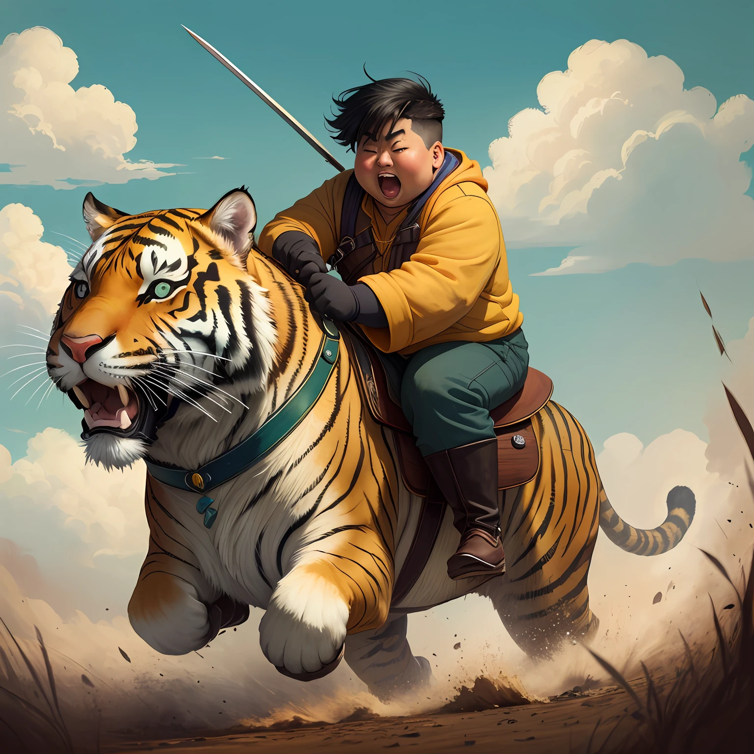 Fat Tiger rides Doraemon on the battlefield