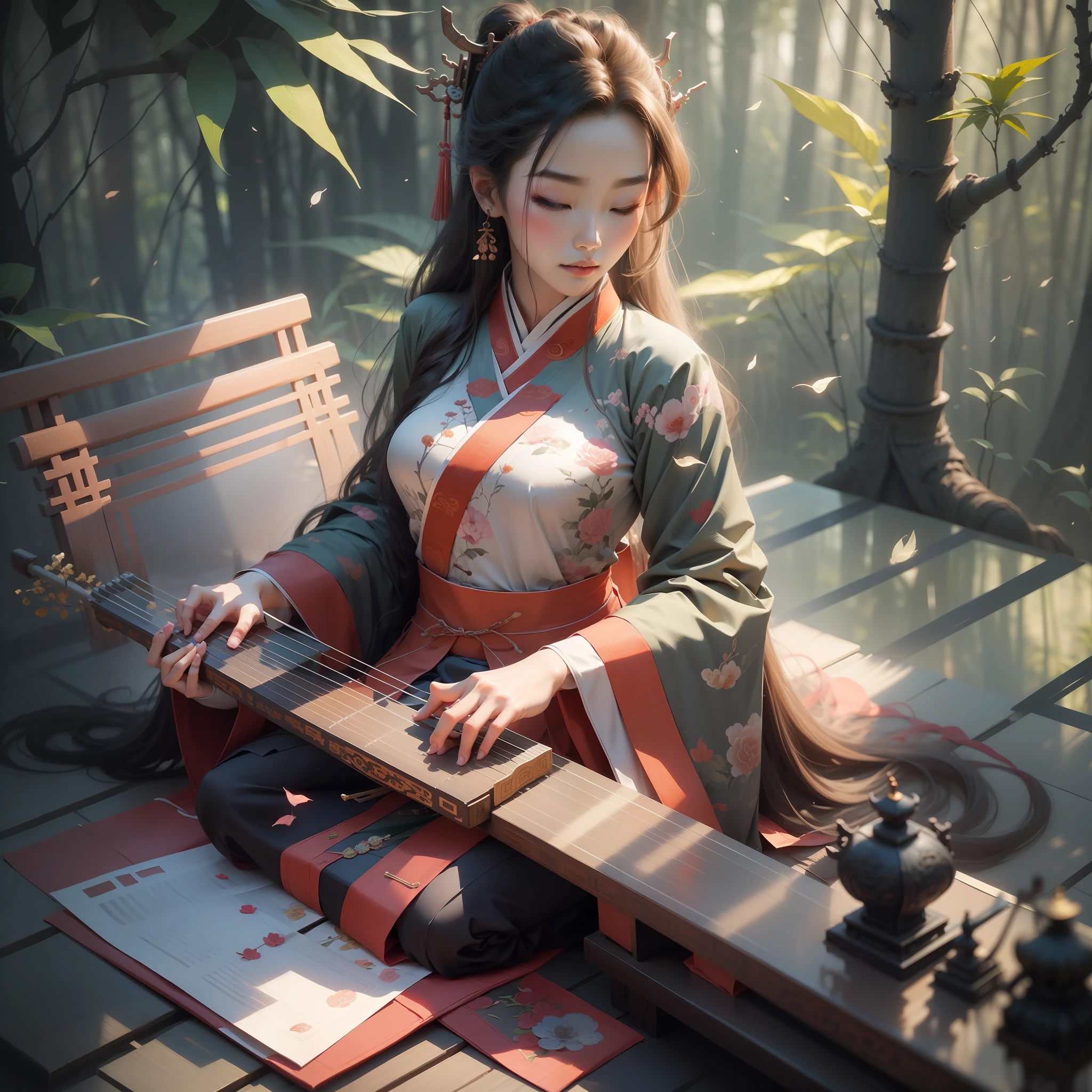 Anime shoujo，voluptuous figure，Antique costume，Single horsetail，bamboo forrest，It is surrounded by bamboo forests，Sit cross-kneeled，Sitting on a bed in the middle of a bamboo forest，Guzheng on a low wooden frame，The guzheng is placed on a low wooden frame in front of the girl，Play the guzheng，Close your eyes and feel the guzheng，high qulity