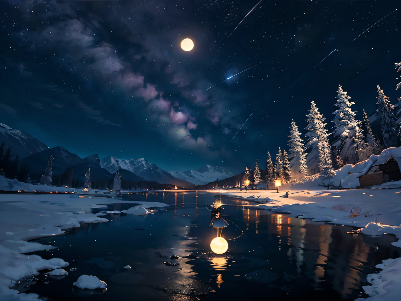 Expansive landscape photograph,(look from down,Above is the sky,Below is the open water),A girl standing on the water looking up,(moon full:1.2),(meteors:0.9),(Starcloud:1.3),Far Mountain, Tree BREAK making art,(Warm light source:1.2),(glowworm:1.2),lamp lights,Lots of purple and orange,Complicated details,Volumetriclighting,Realism BREAK(tmasterpiece:1.2),(best qualtiy),4k,Ultra-detailed,(dynamic compositions:1.4),The is very detailed,Colorful details,(Irridescent color:1.2),(luminouslighting,Atmospheric lighting),dream magical,magical,(独奏:1.2)
