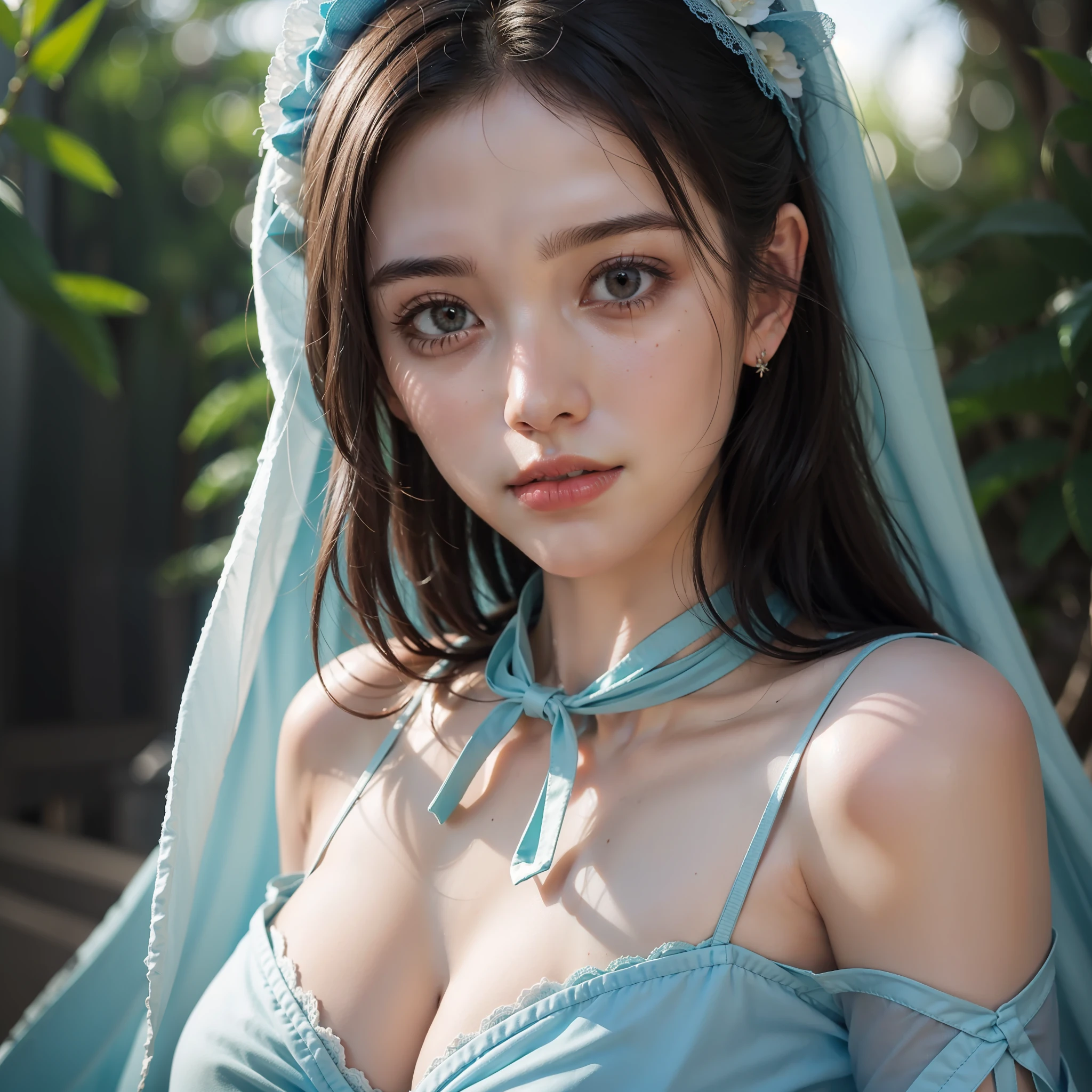 A beautiful lady with blue gauze and natural soft light shining on her face and body