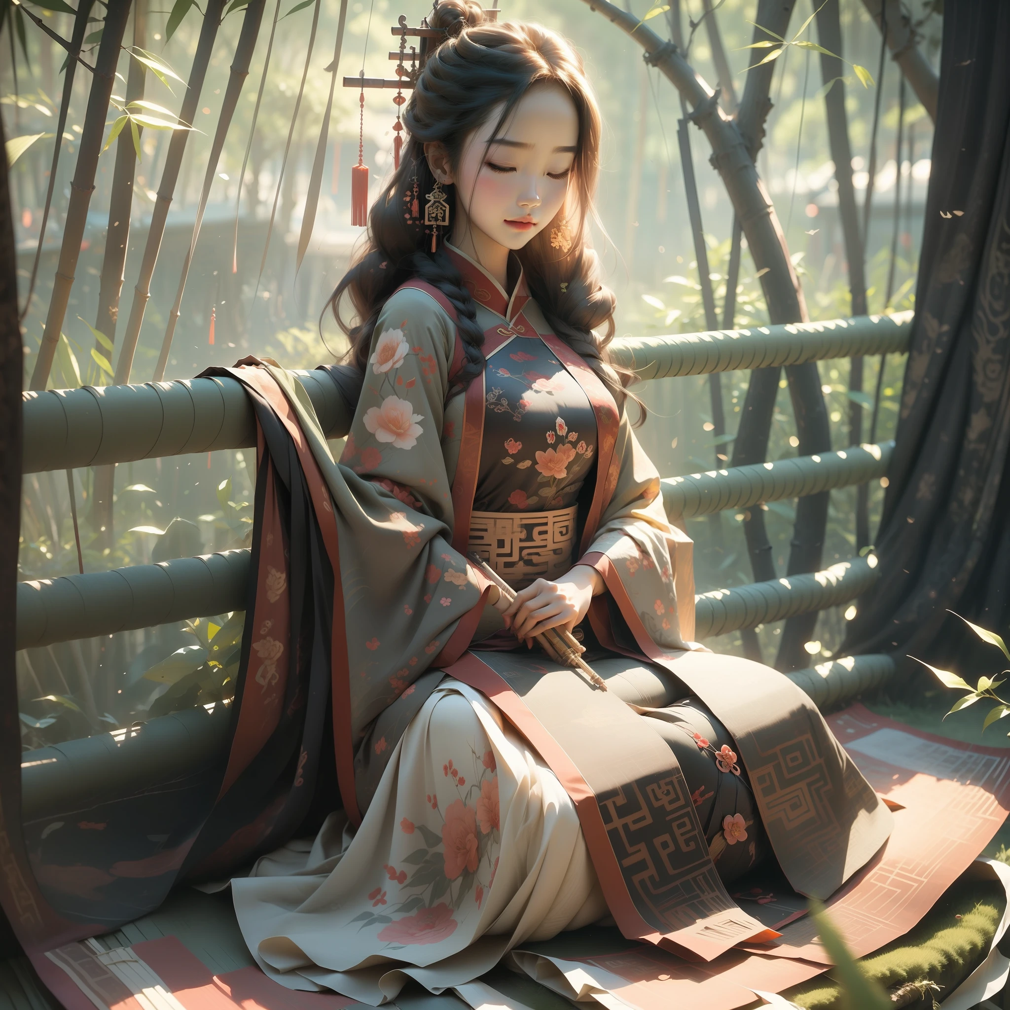 Anime shoujo，voluptuous figure，Antique costume，Single horsetail，bamboo forrest，It is surrounded by bamboo forests，Sit cross-kneeled，Sitting on a bed in the middle of a bamboo forest，Guzheng on a low wooden frame，The guzheng is placed on a low wooden frame in front of the girl，Play the guzheng，Close your eyes and feel the guzheng，high qulity