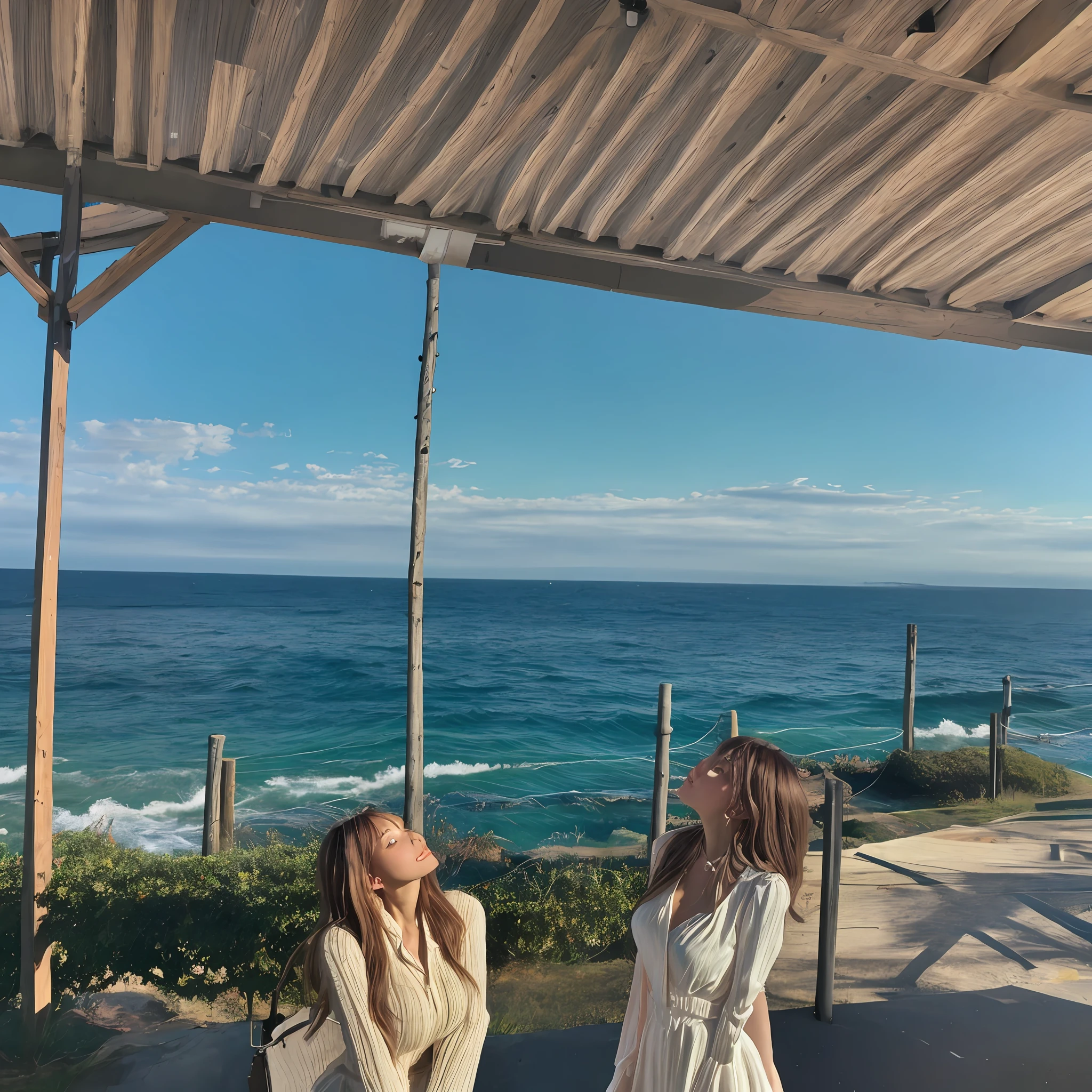 Beautiful woman standing by the sea looking up at the sky