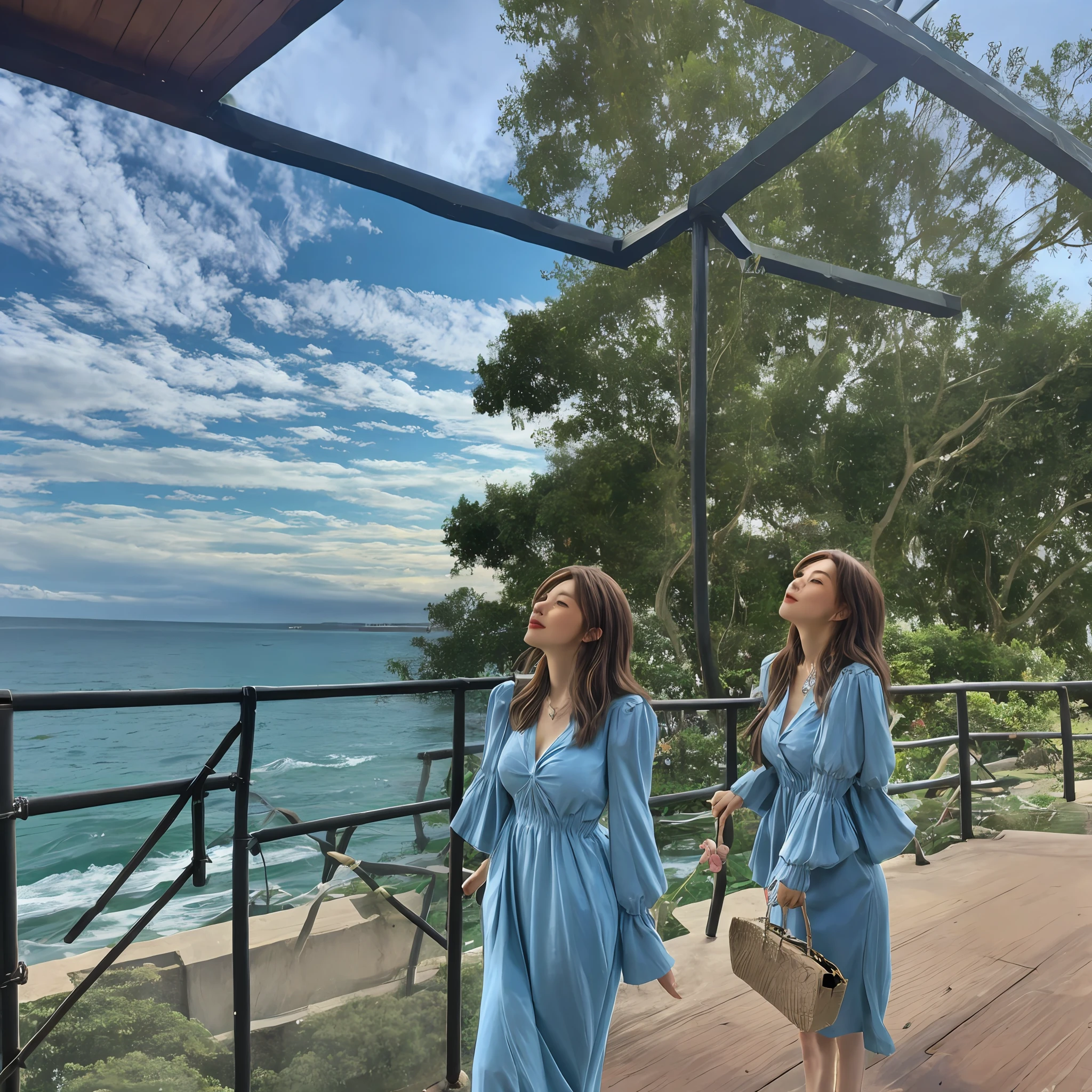 Beautiful woman standing by the sea looking up at the sky