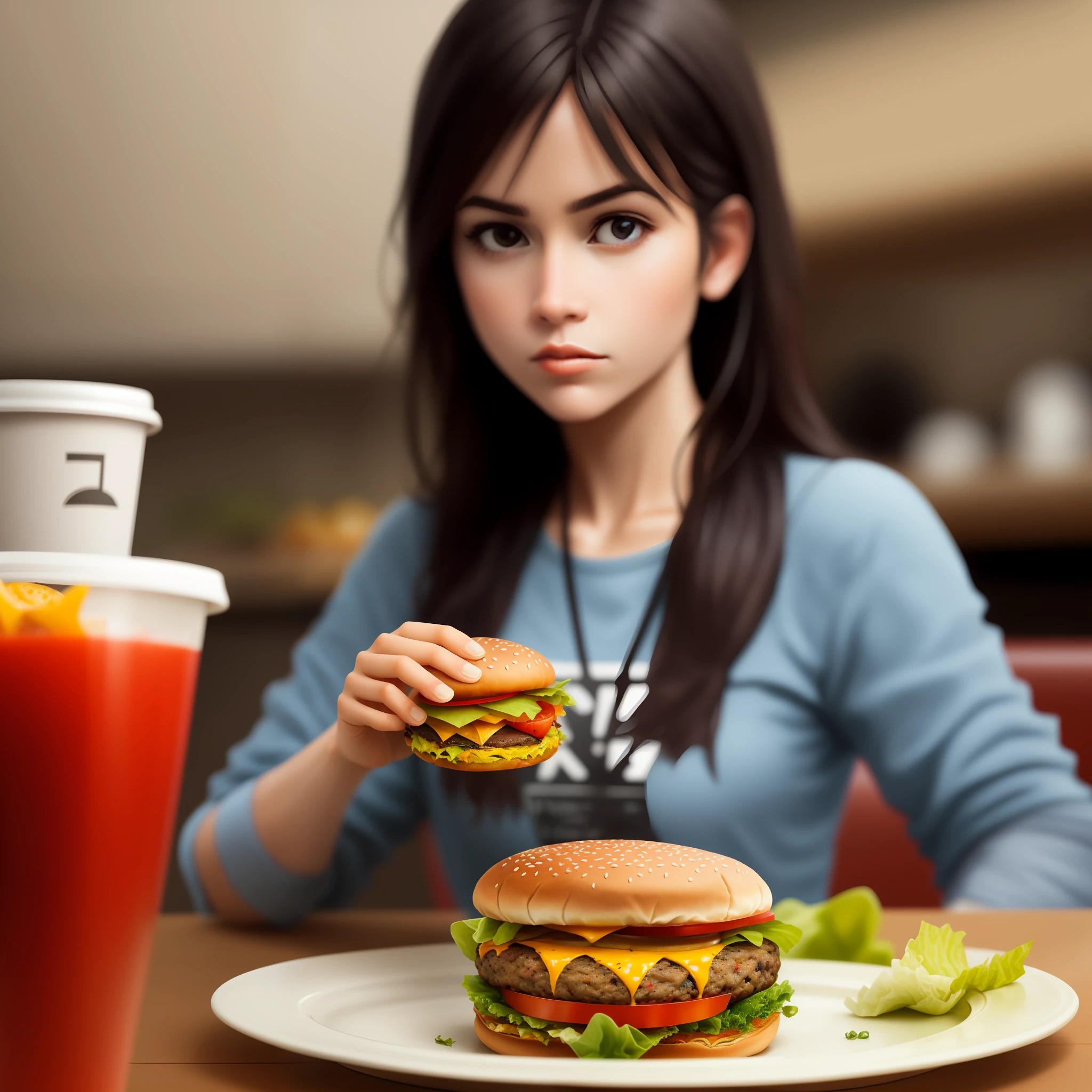 masterpiece, best quality, realistic, 1girl eating burger \(food, food focus,tomato, blurry, still life,burger, cup, lettuce, fruit, onion, bowl, depth of field, vegetable, blurry background, cheese\),