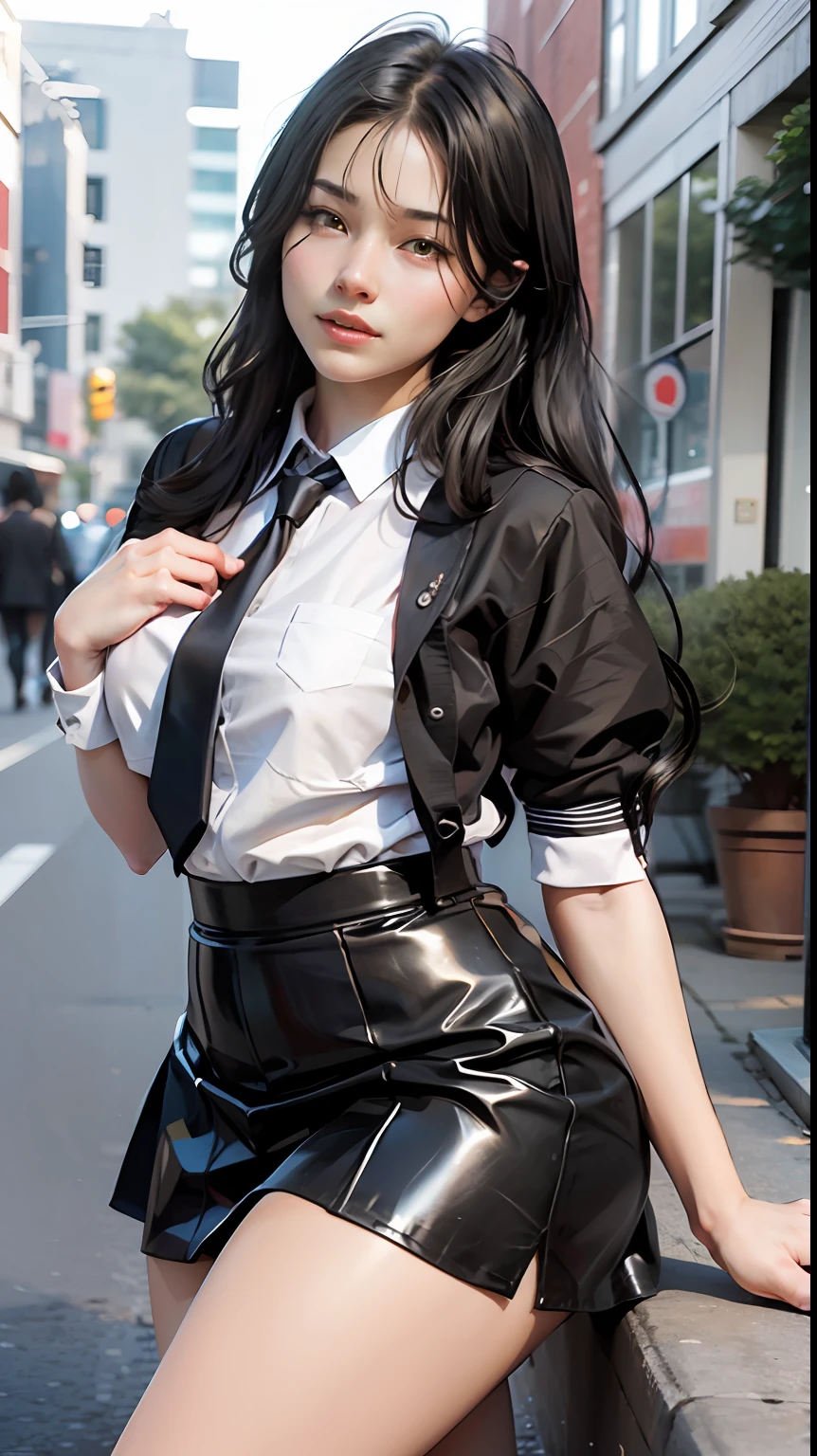 Delicate shiny skin, (realisticlying, ), a pretty girl, are standing, Looking out the window, white shirt, collared shir, Black tie, Black pants, longer sleeves, A slight smile (Nasal redness), yellow eyes+ round eye,short detailed hair + White hair + long braid,makima \(chainsawman\) --auto