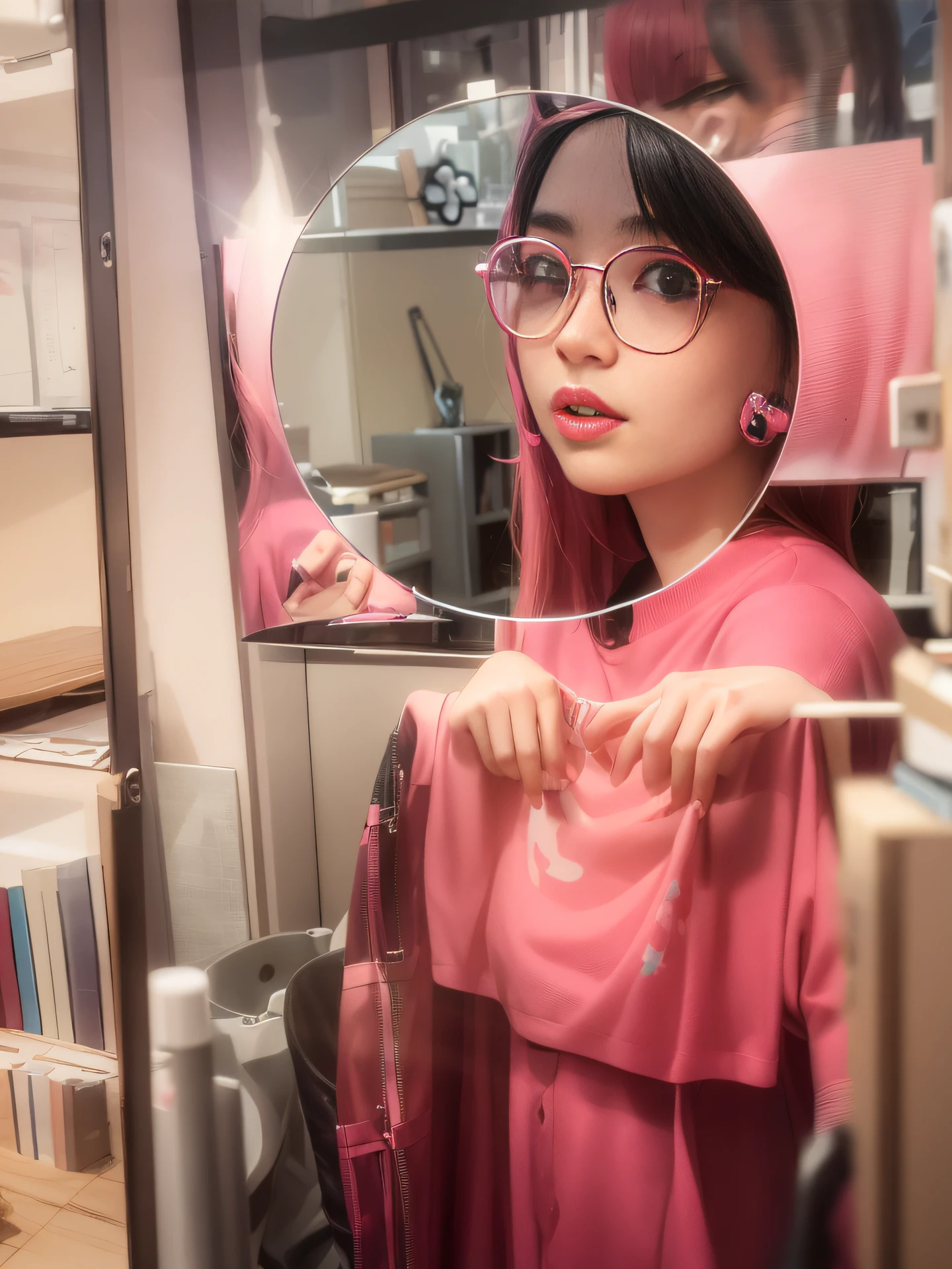 There was a woman holding a pink shirt and a pink shirt, 8k selfie photograph, instagram filters, with instagram filters, With glasses, wearing a fisher 🧥, low quality video, distorted photo, coloured photo, weird camera angle, Mirror selfie, low quality photo, She has a cute face, lofi-girl, wearing an outfit --auto