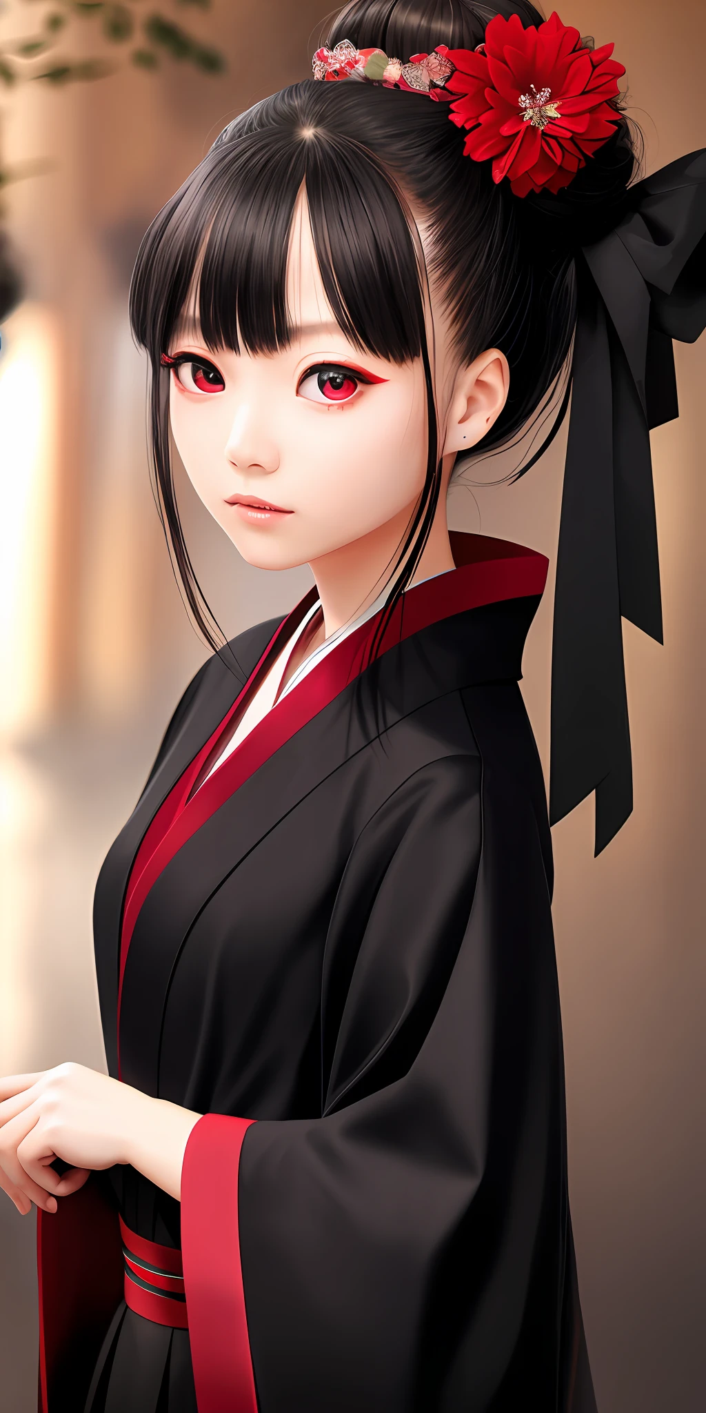 Girl kimono red eyes long black hair dangling blood fan