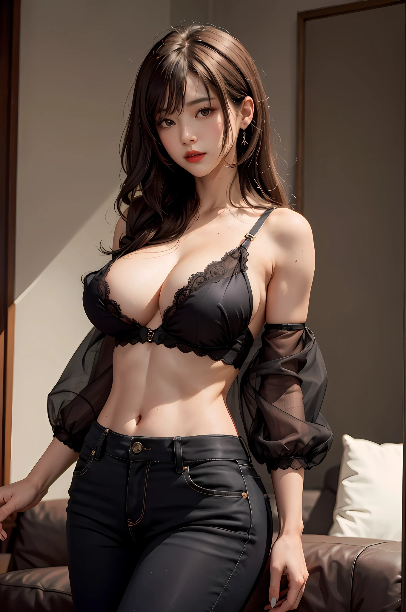 photo of a girl， （（erected ）））， By bangs， exposed bare shoulders， Black lace（Briefs）， nedium breasts， The beautiful， Breasts squeezed together， detailed luxury living room background， hair between eye，， long whitr hair， Oval shaped face， 二重まぶた， parted lip， with brown eye， shirt with lace， 独奏， pale brown hair， （Shiny skin：0.8），（tmasterpiece：1.4），（best qualtiy：1.4）， naturey（mediuml breasts：1.25）， ，Facigirl， Redlip， perfect abs， （： 1.5）， （Fluoroareola）， （sheerfabric）， sweat leggs，