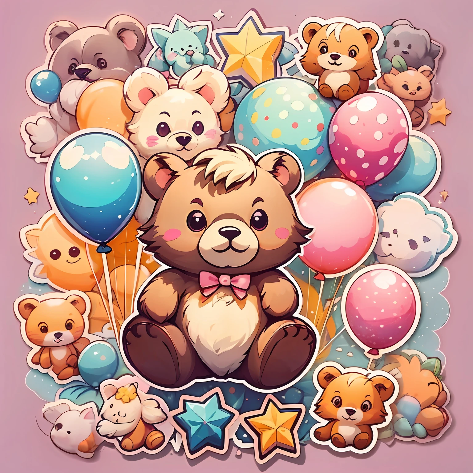 (pattern designs),pink back ground,Brown bear,Confectionery,As estrelas,balloons,(Cultural and creative model),a sticker --auto