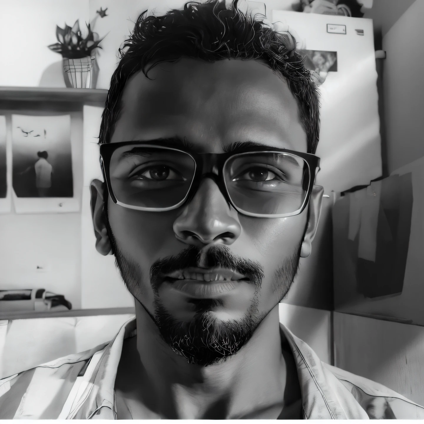 There is a man with glasses and BarBa in a black and white photo, imagem em preto e Branco, Mohamed Chahin, no instagram, Carregado, caio santos, B&w foto, uma foto em preto e Branco, filtro preto e Branco, Potrait, imagem frontal, dessaturados!!, foto portait foto de perfil, Estilo Mohamed Chahin
